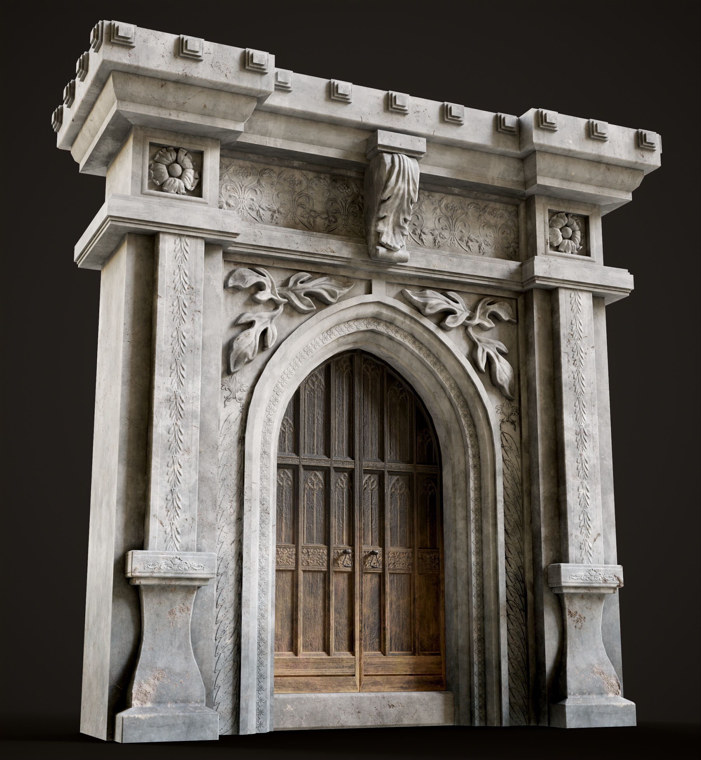Medieval Wood Door with Stone Arch - Rigged and animated Low-poly 3D model_3