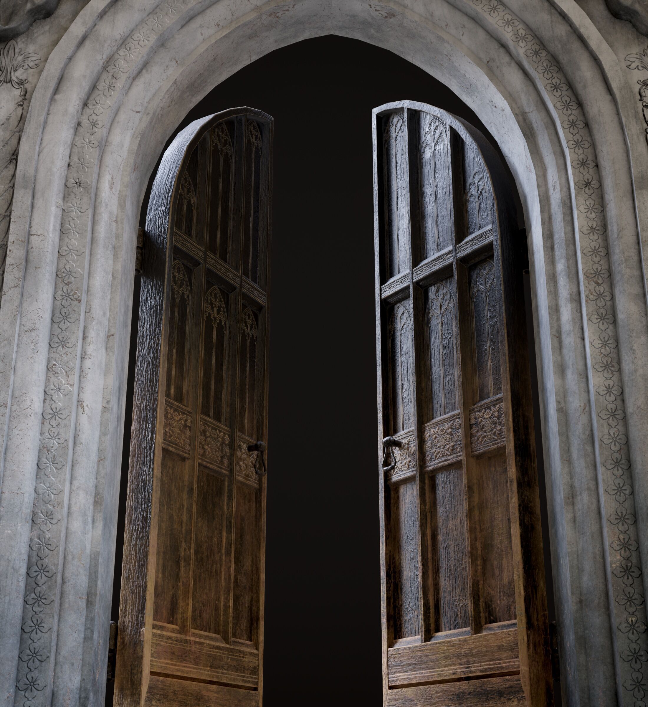 Medieval Wood Door with Stone Arch - Rigged and animated Low-poly 3D model_36