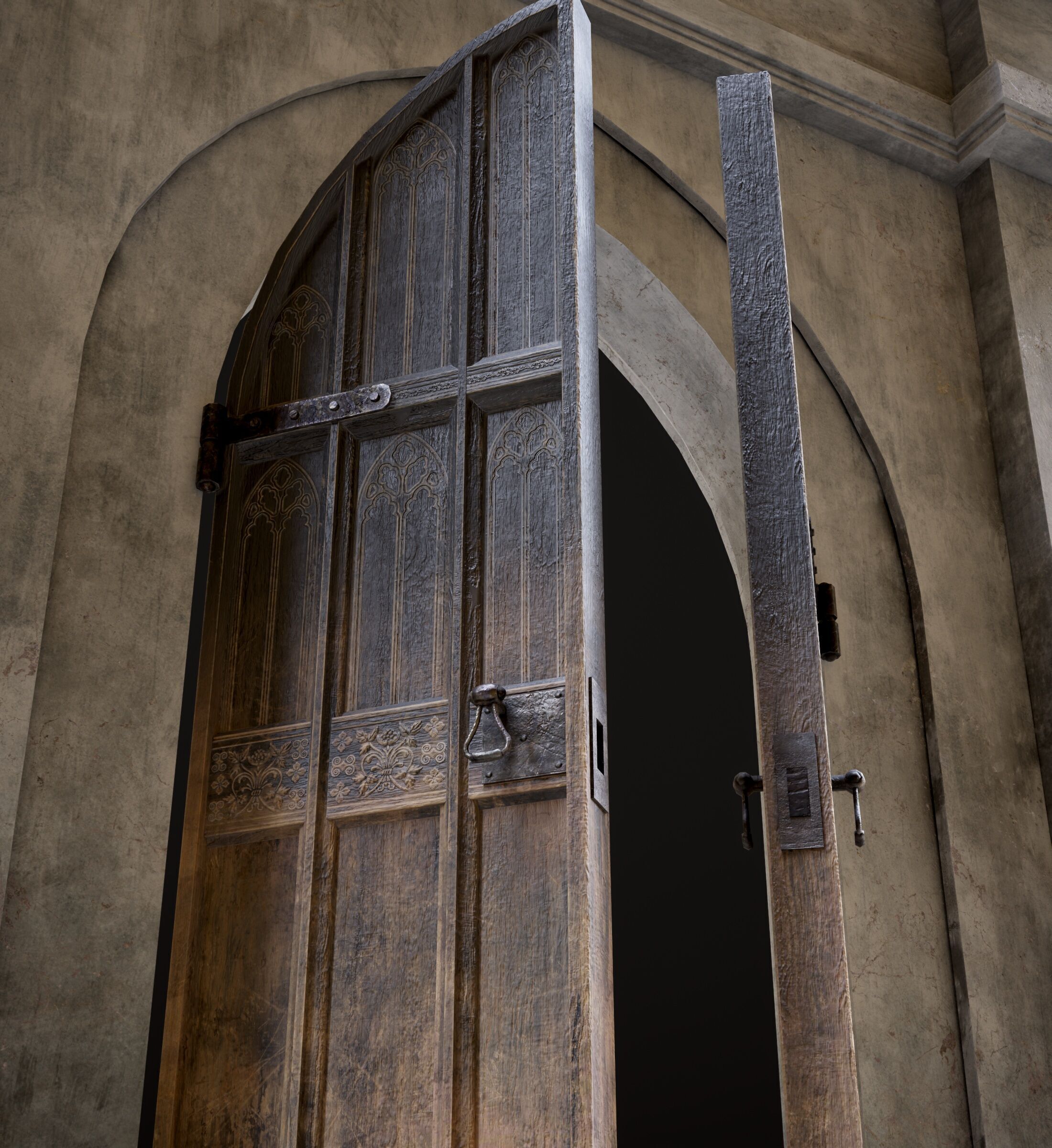 Medieval Wood Door with Stone Arch - Rigged and animated Low-poly 3D model_30
