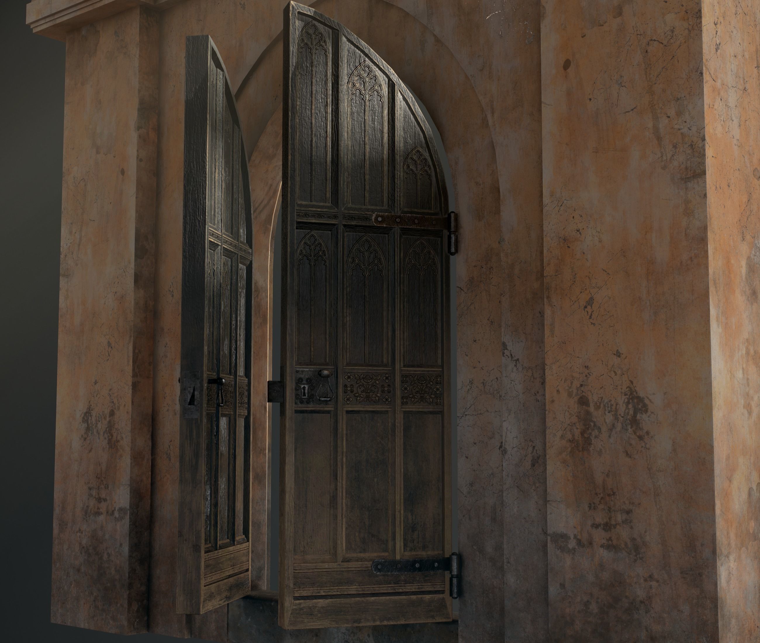 Medieval Wood Door with Stone Arch - Rigged and animated Low-poly 3D model_45