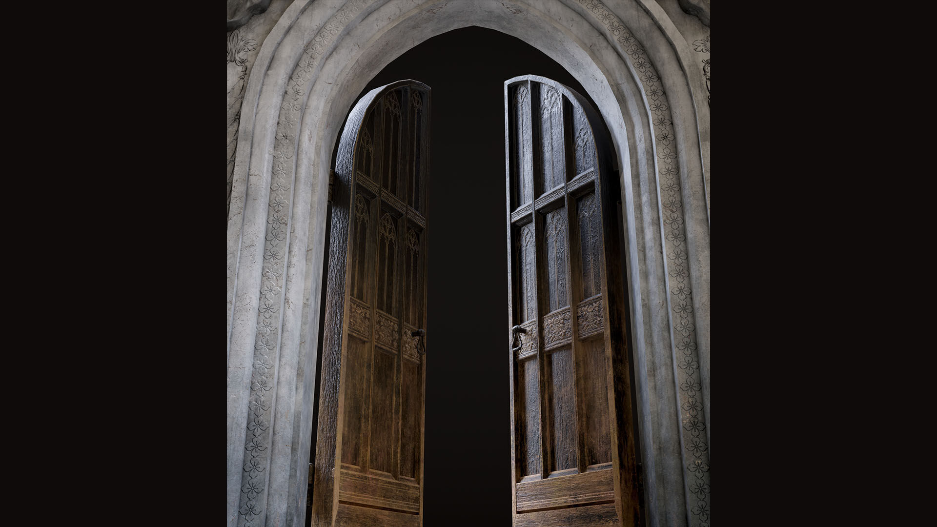 Medieval Wood Door with Stone Arch - Rigged and animated Low-poly 3D model_7