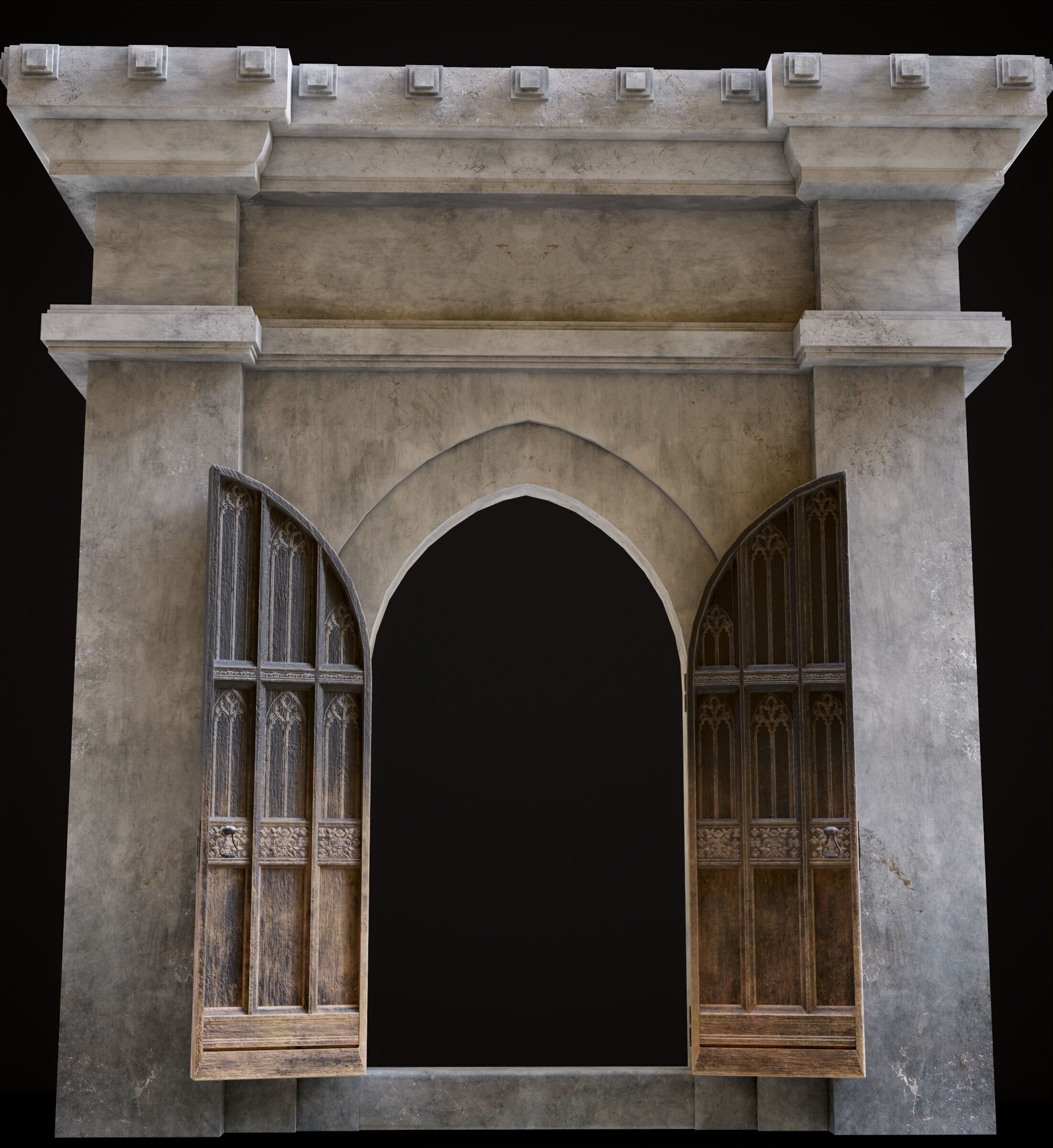 Medieval Wood Door with Stone Arch - Rigged and animated Low-poly 3D model_26