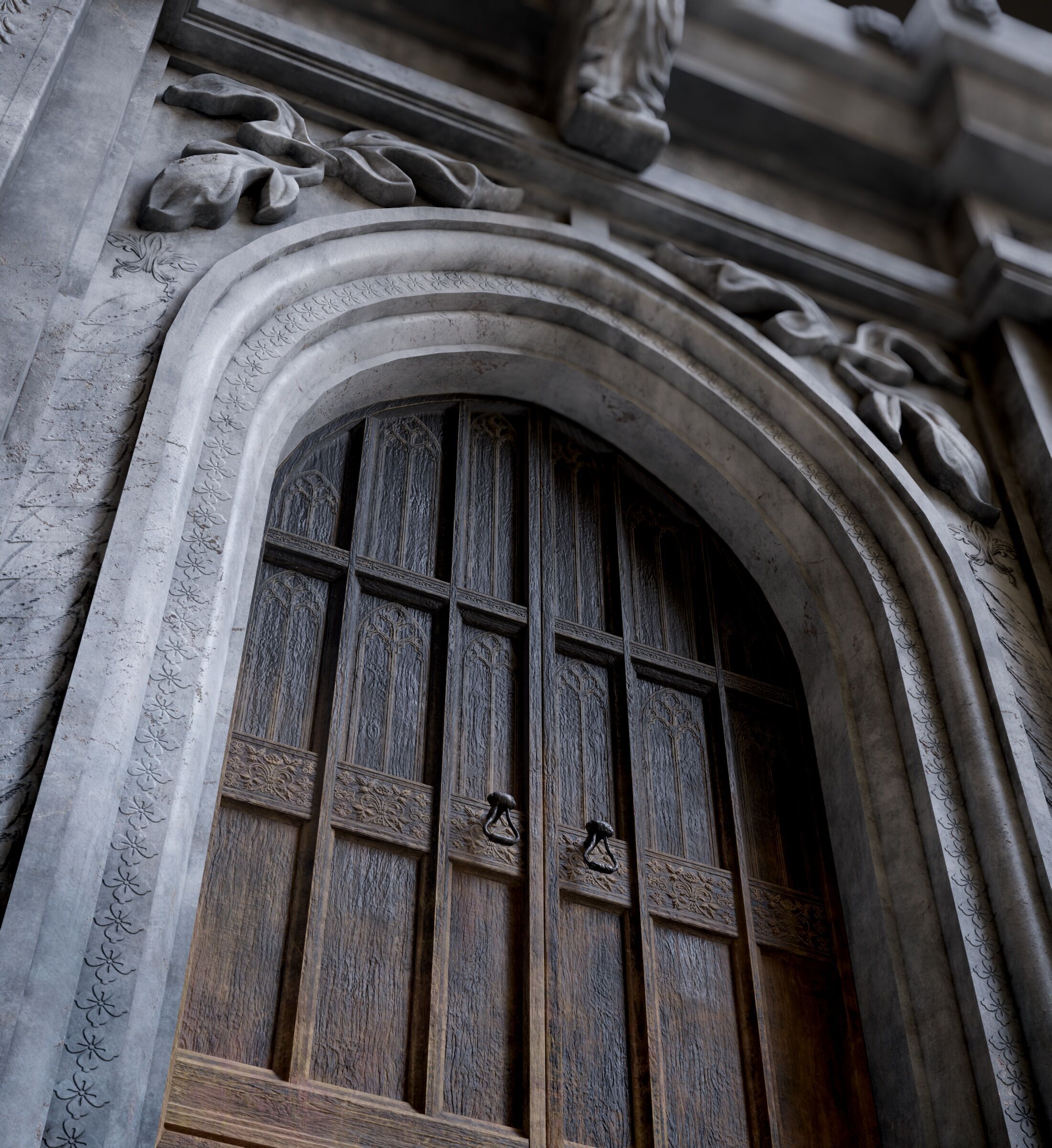 Medieval Wood Door with Stone Arch - Rigged and animated Low-poly 3D model_35