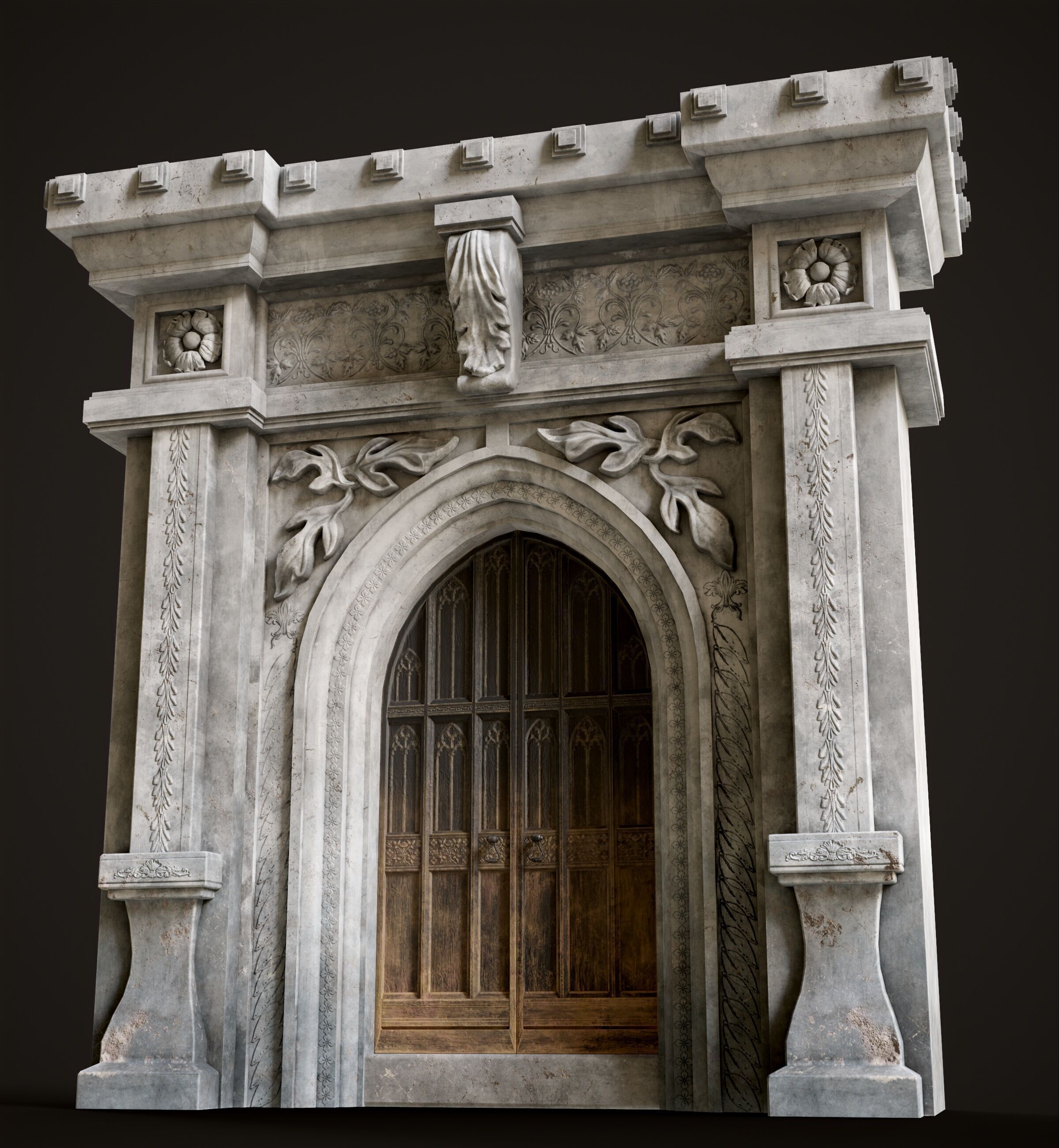 Medieval Wood Door with Stone Arch - Rigged and animated Low-poly 3D model_2