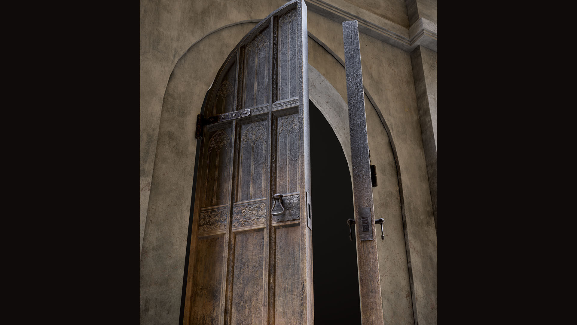 Medieval Wood Door with Stone Arch - Rigged and animated Low-poly 3D model_20