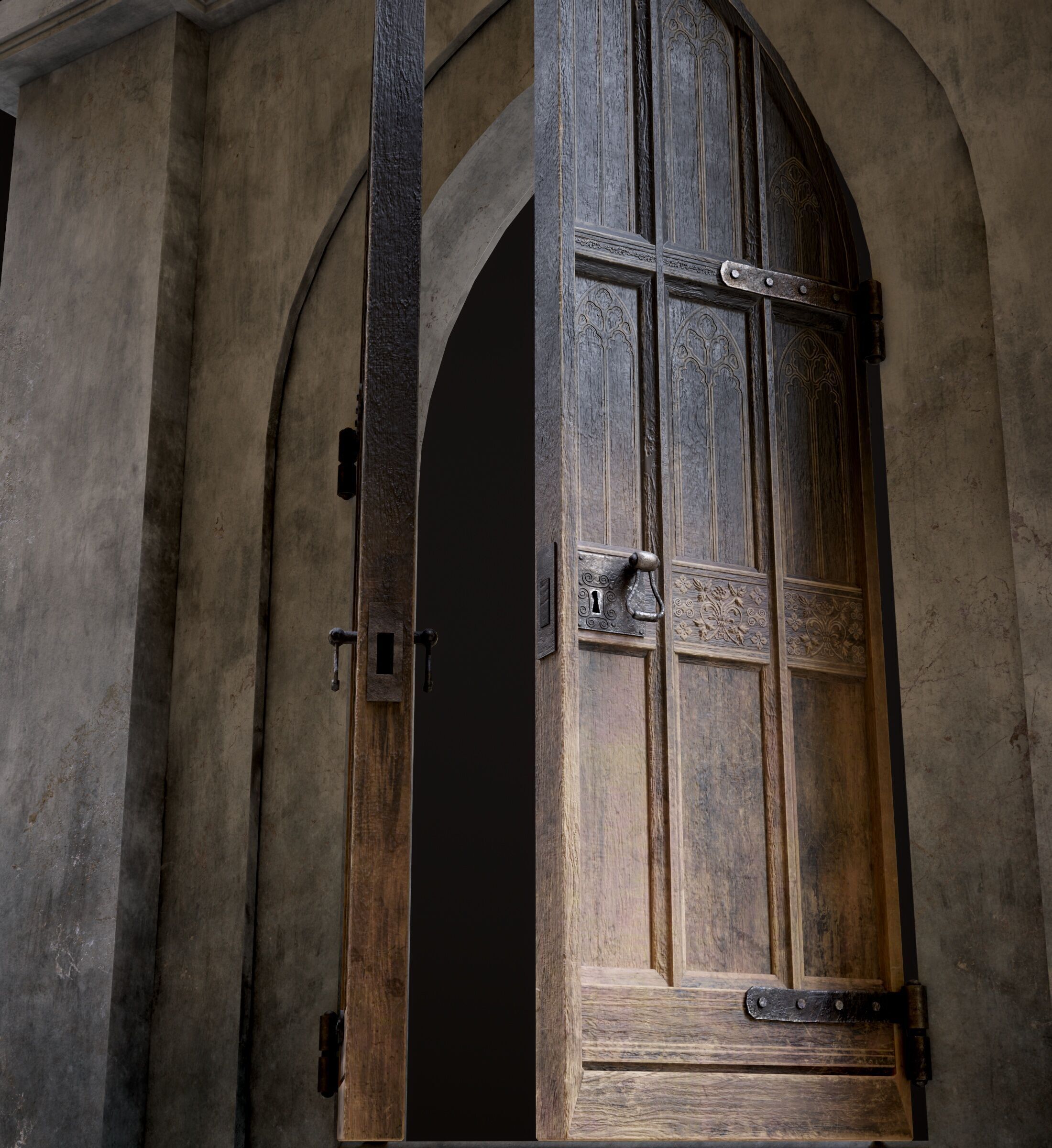 Medieval Wood Door with Stone Arch - Rigged and animated Low-poly 3D model_38