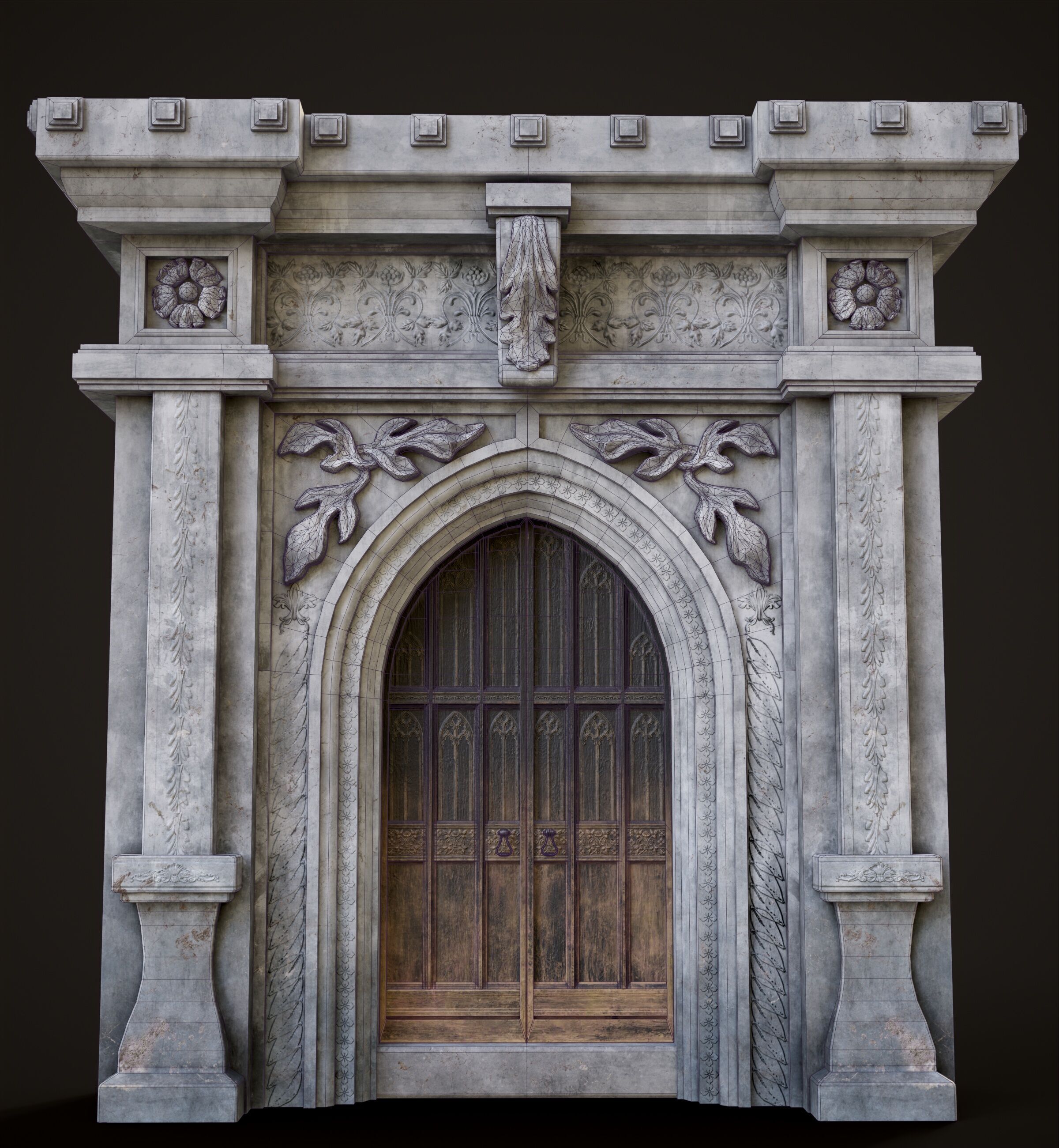 Medieval Wood Door with Stone Arch - Rigged and animated Low-poly 3D model_5