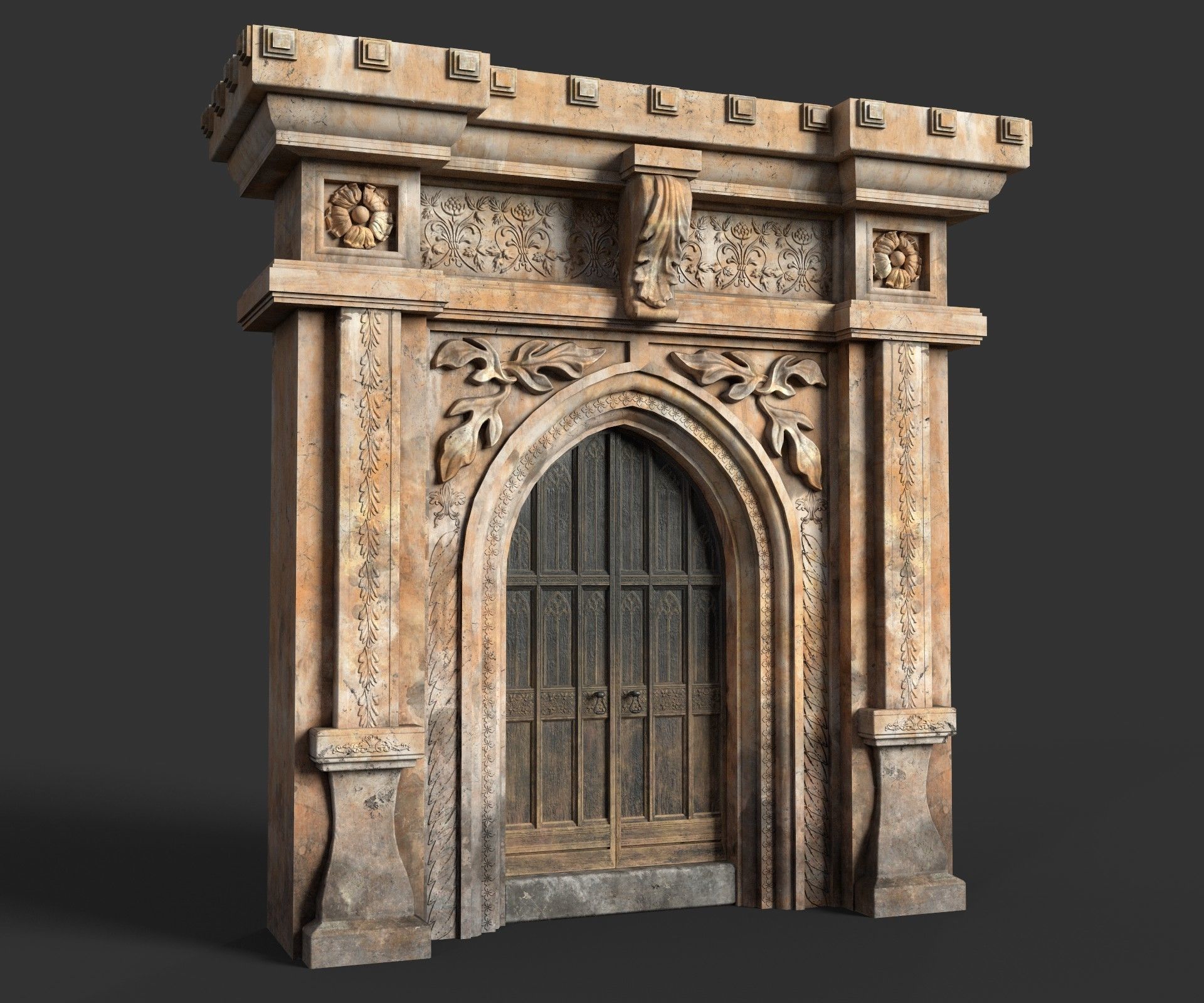 Medieval Wood Door with Stone Arch - Rigged and animated Low-poly 3D model_41