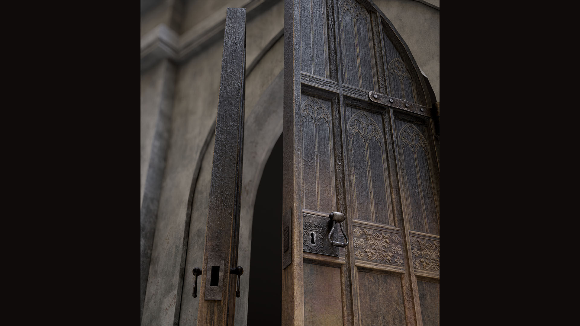 Medieval Wood Door with Stone Arch - Rigged and animated Low-poly 3D model_8