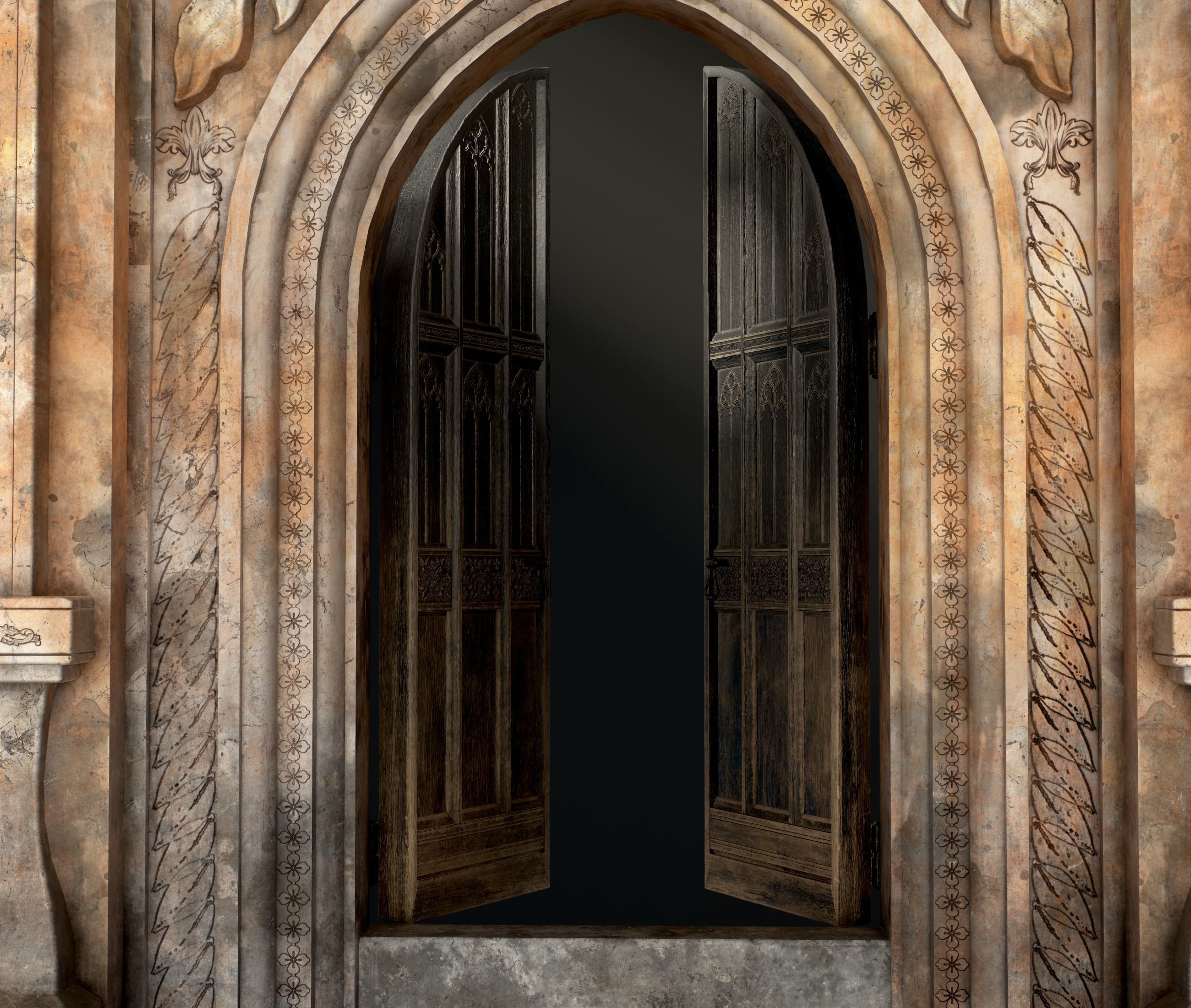 Medieval Wood Door with Stone Arch - Rigged and animated Low-poly 3D model_44