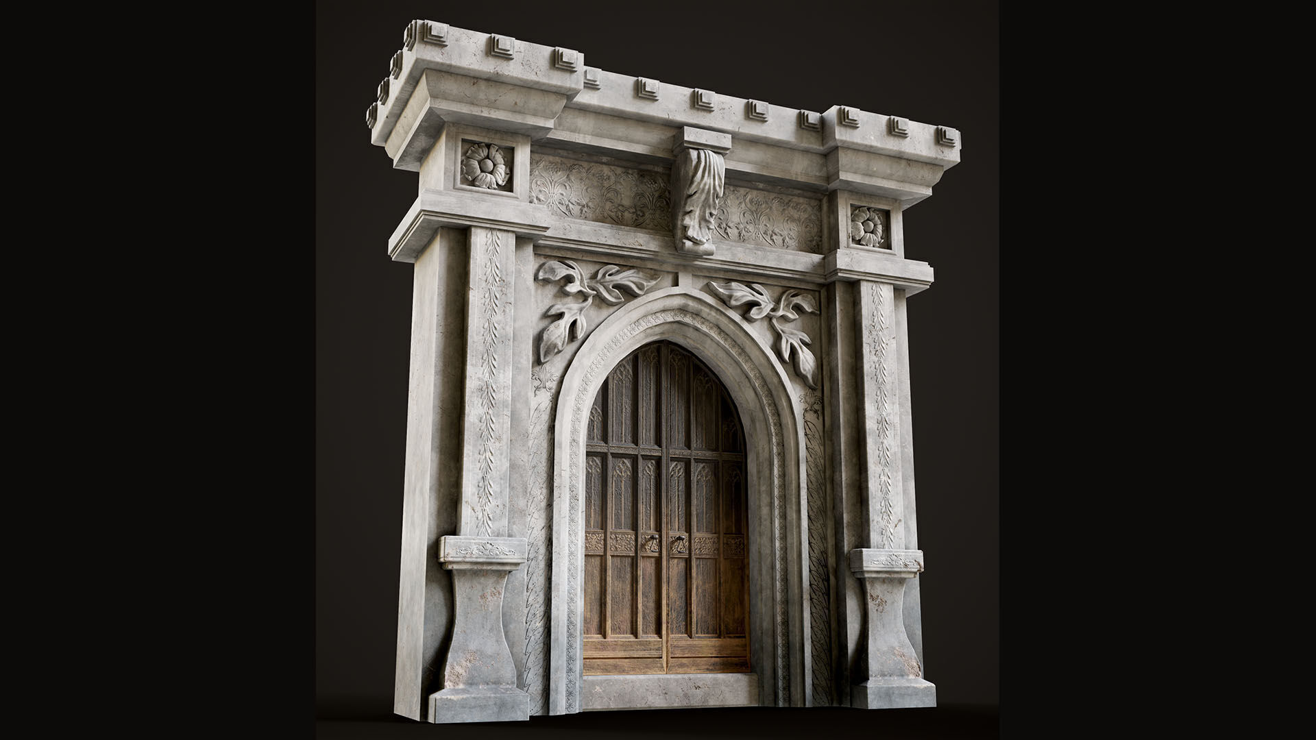 Medieval Wood Door with Stone Arch - Rigged and animated Low-poly 3D model_22