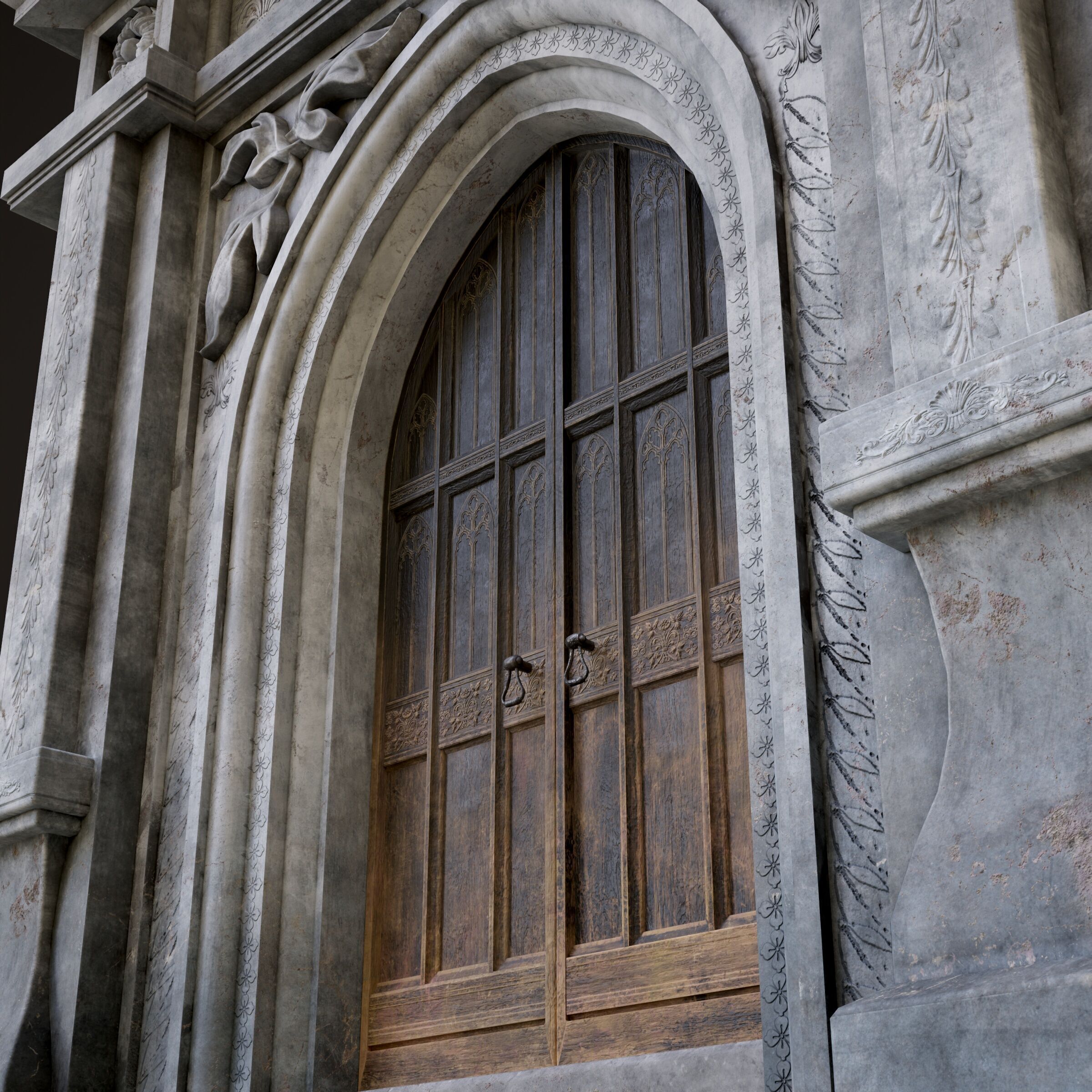 Medieval Wood Door with Stone Arch - Rigged and animated Low-poly 3D model_31