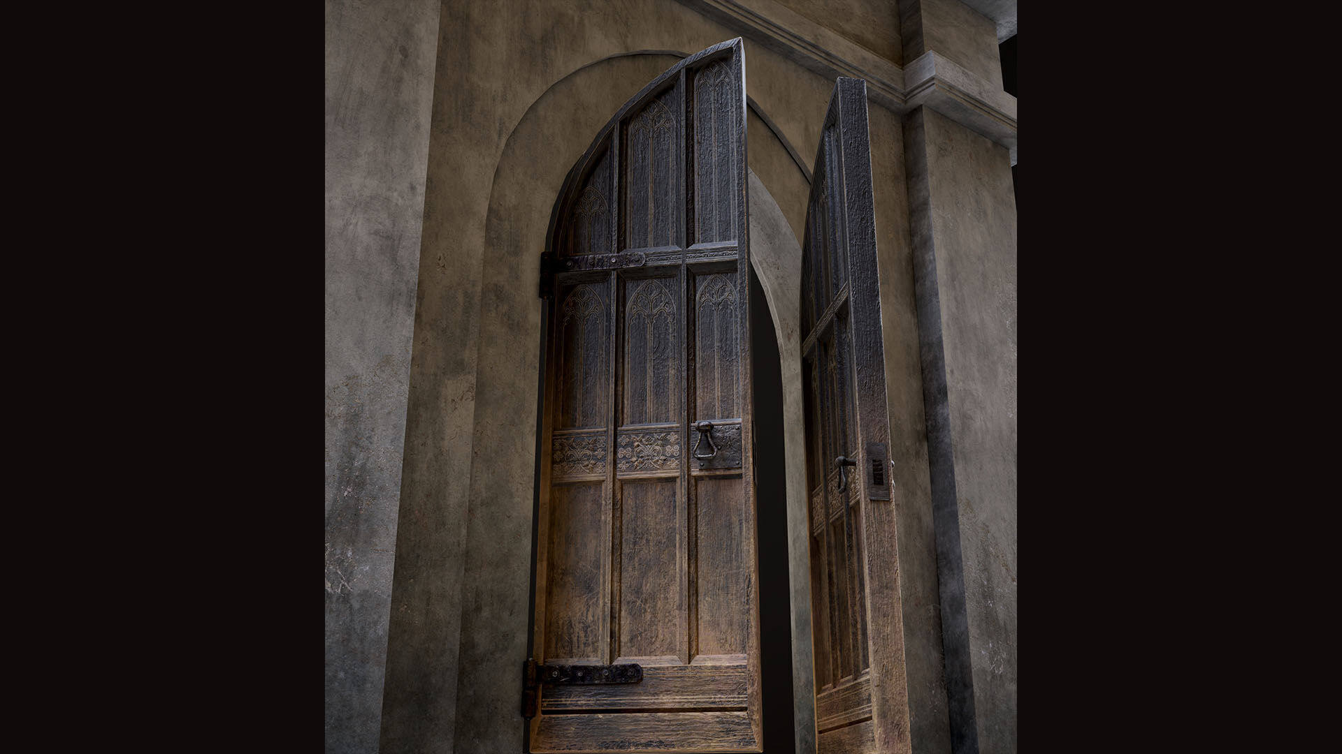 Medieval Wood Door with Stone Arch - Rigged and animated Low-poly 3D model_12