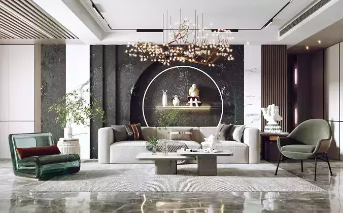 keting living room with furniture and marble walls Free 3D model