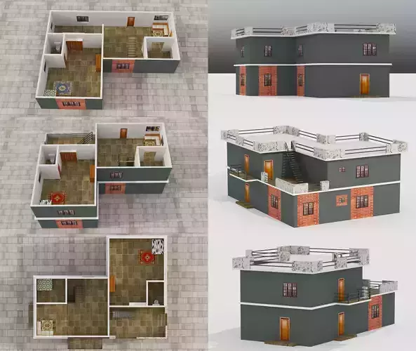 LOW POLY BUILDING 3 two story house with balconies