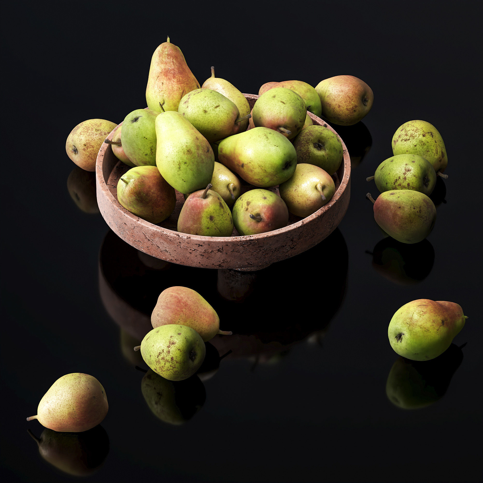 Forest beauty pear in a clay fruit bowl Low-poly 3D model_1