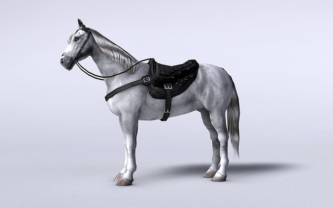 White horse with saddle and bags Low-poly 3D model