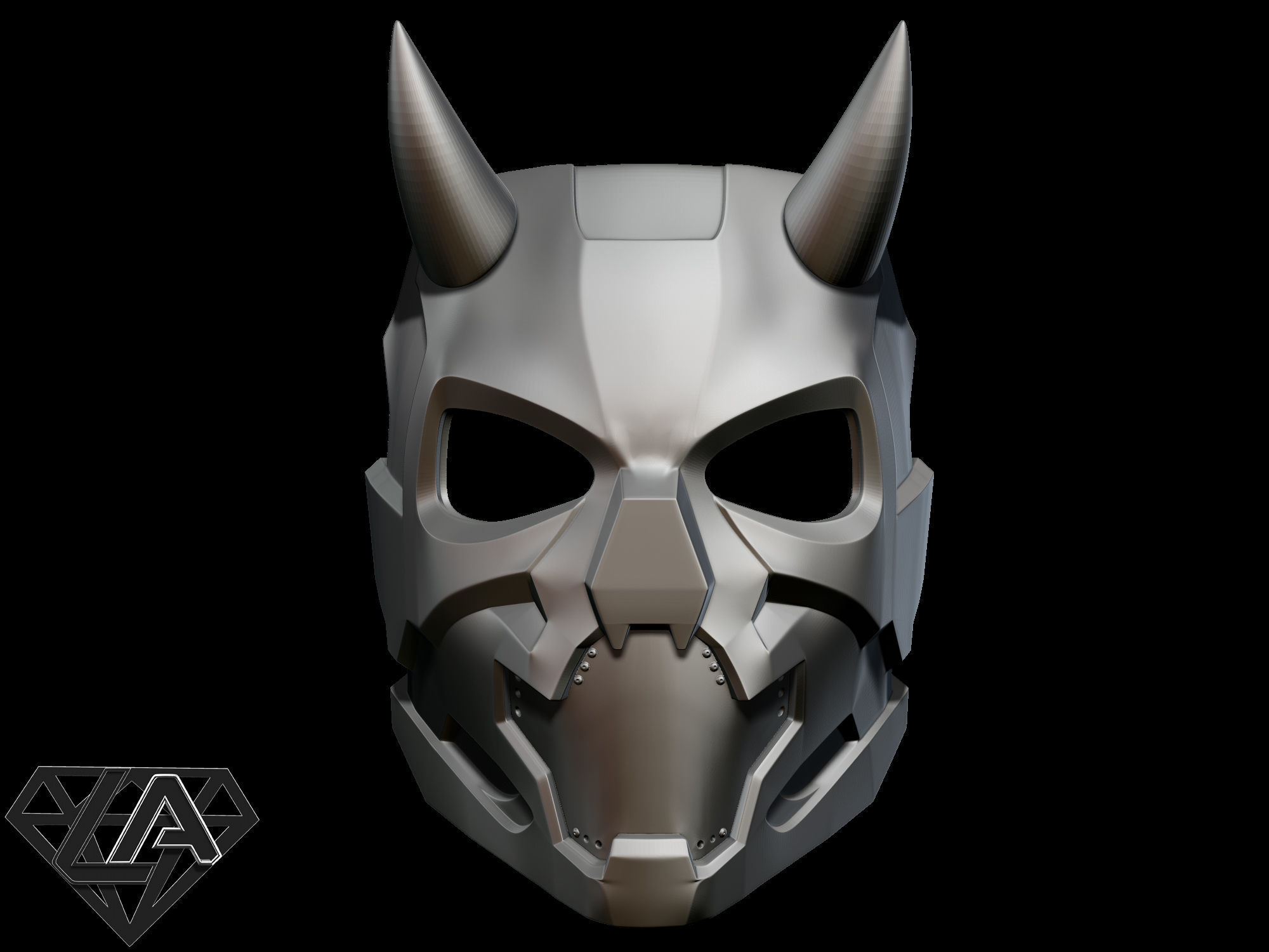 Cyberpunk sci-fi demon mask with horns 3D print model_1