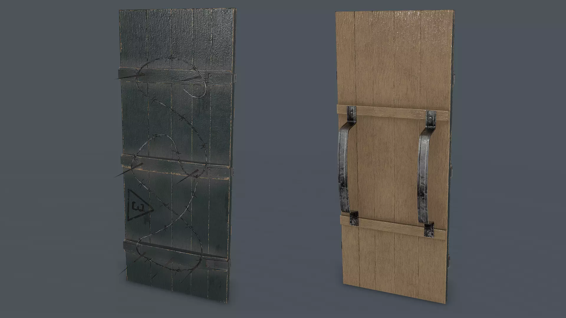 Post-Apocalypse Wooden Shield with Barbed Wire Low-poly 3D model_0