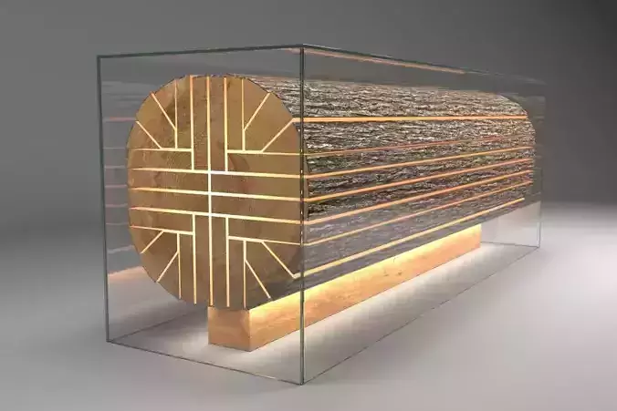 Reception Desk - Sliced Log In Glass Box With Inner Lights