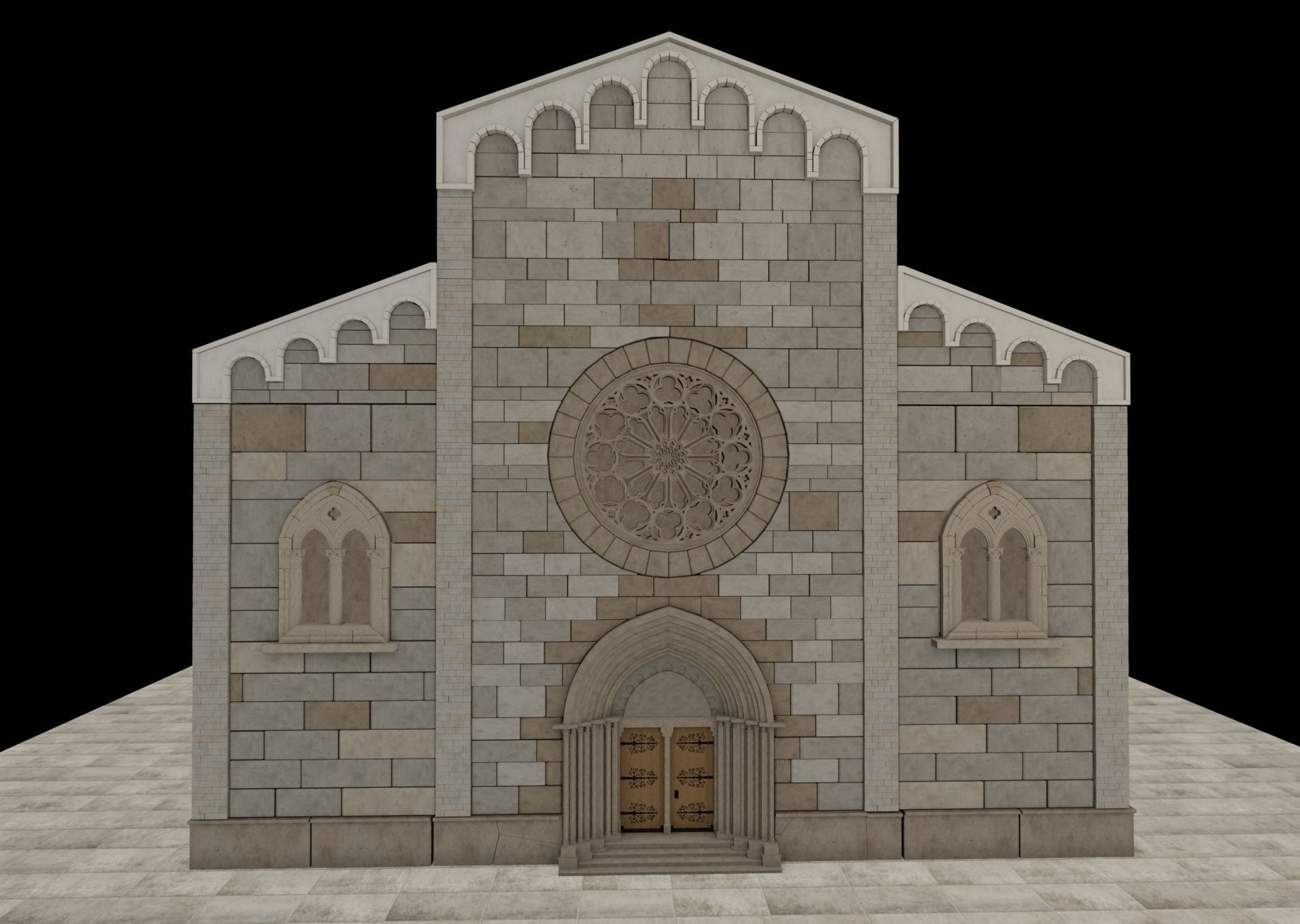 Church medieval Facade  Low-poly 3D model_1