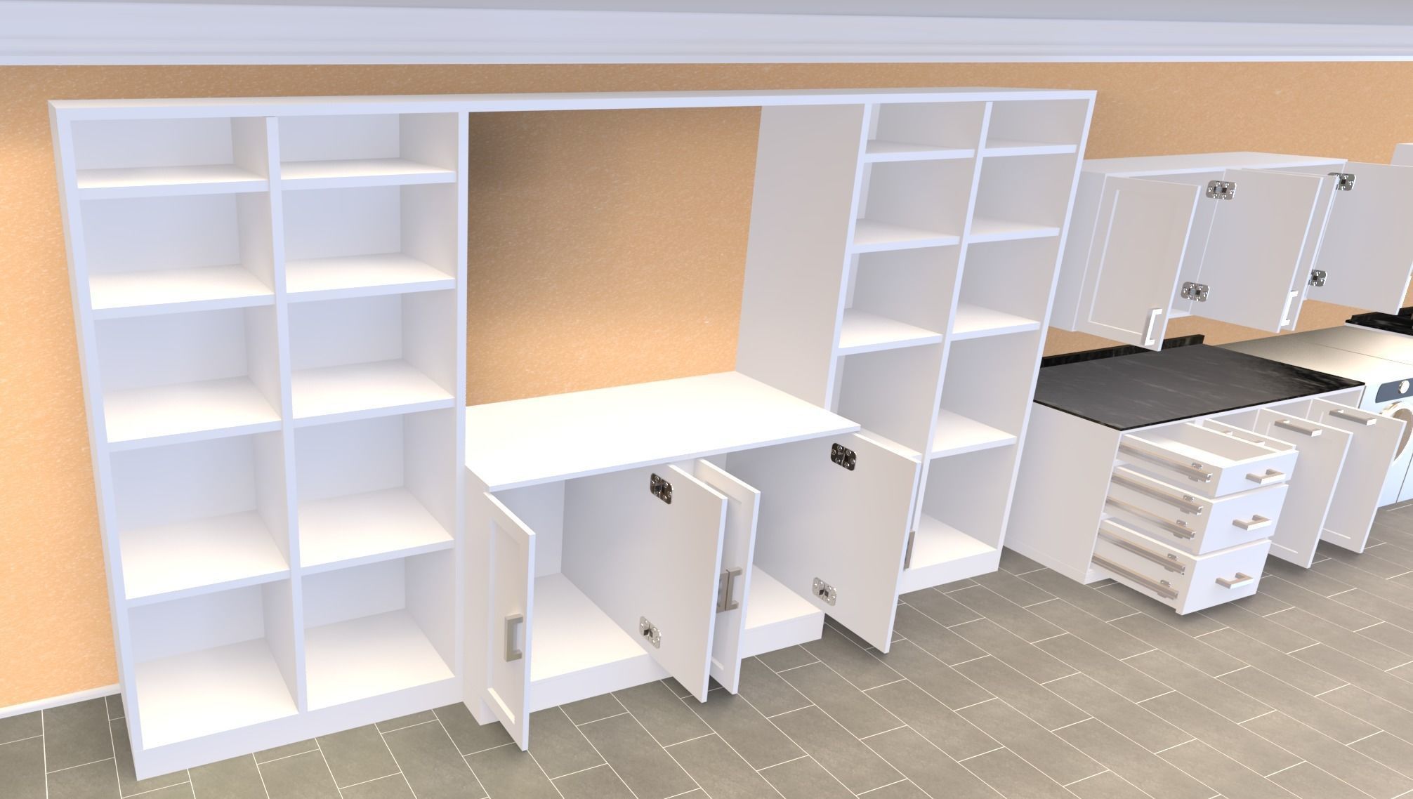 Cabinet Set kitchen with cabinets and shelves 3D model_3