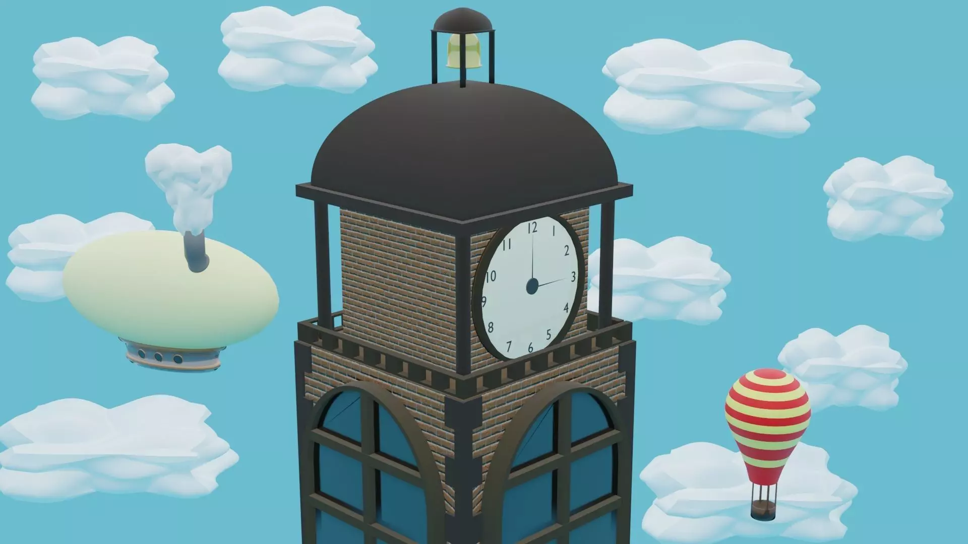 Clocktower clock tower with balloons in sky 3D model
