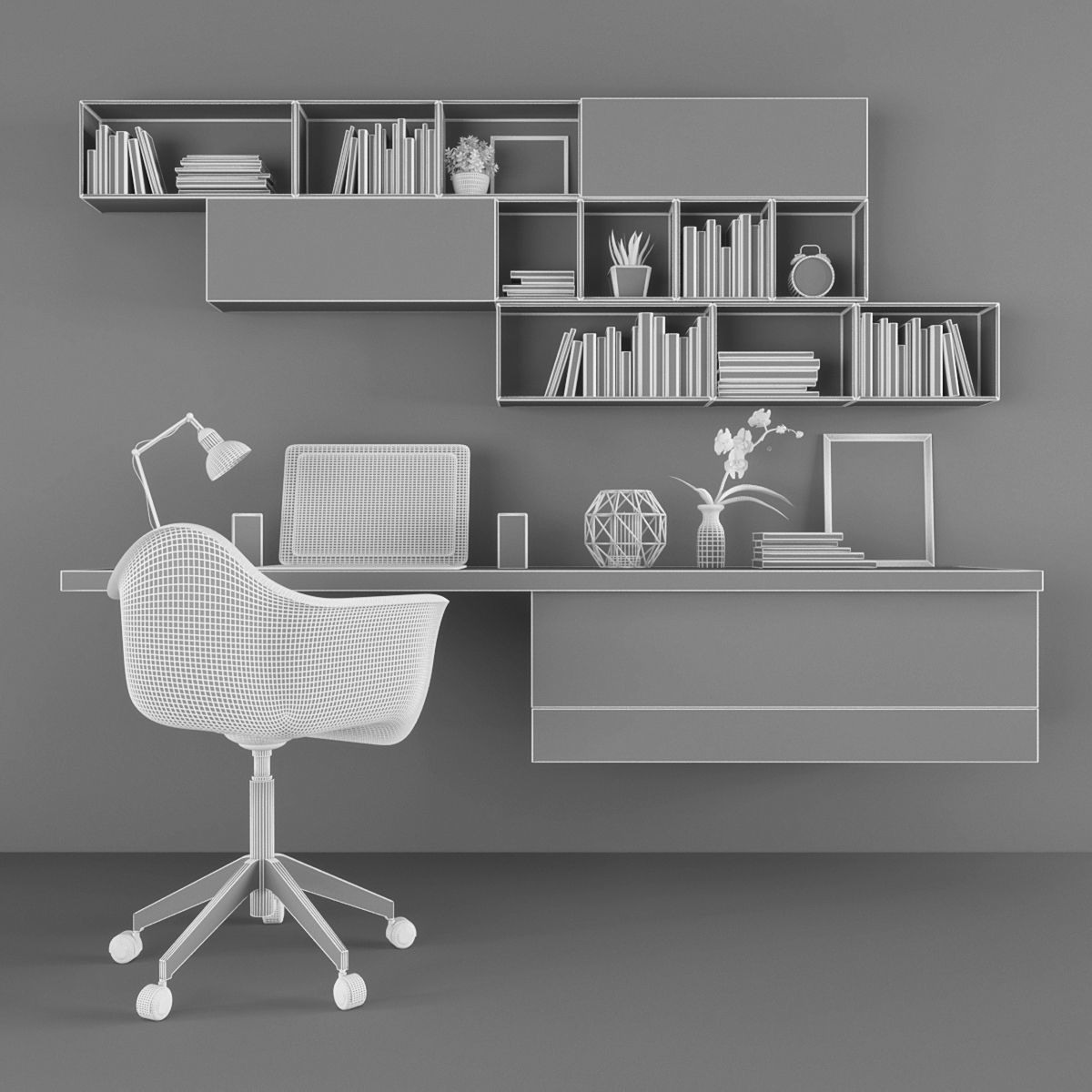 Workplace office desk with bookshelves Low-poly 3D model_2