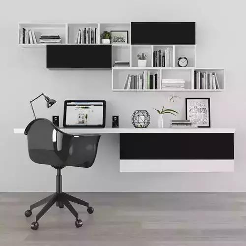 Workplace office desk with bookshelves Low-poly 3D model