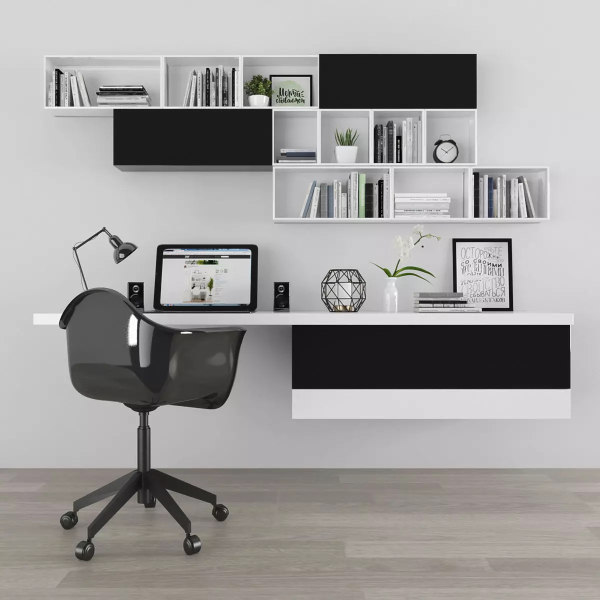 Workplace office desk with bookshelves Low-poly 3D model_0