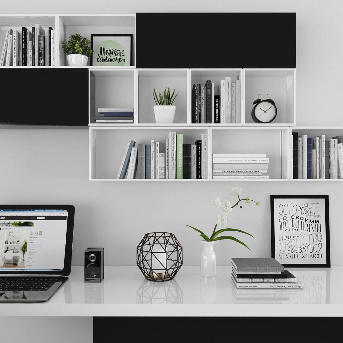 Workplace office desk with bookshelves Low-poly 3D model_1