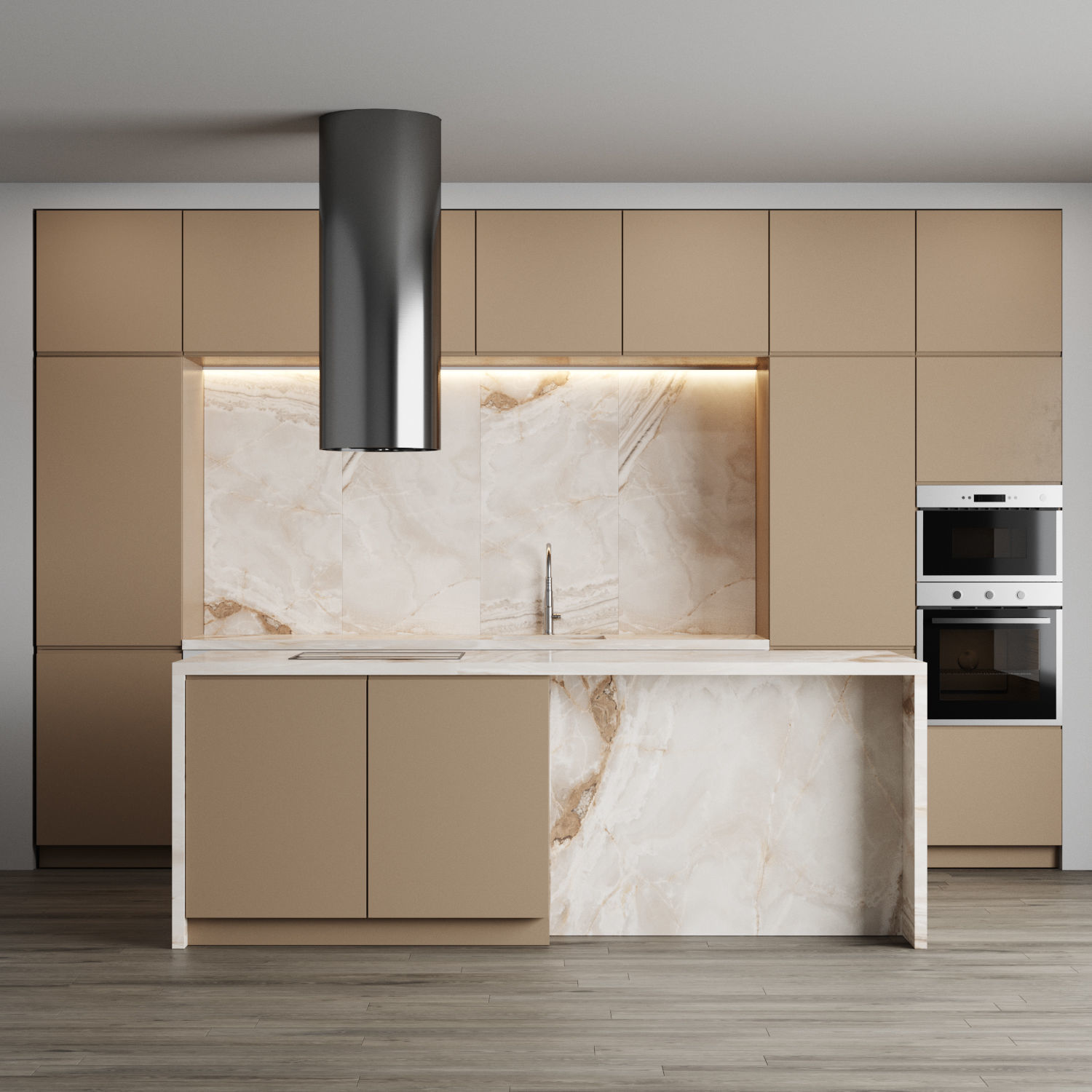 Beige Modern kitchen with an island minimalistic 3D model_2