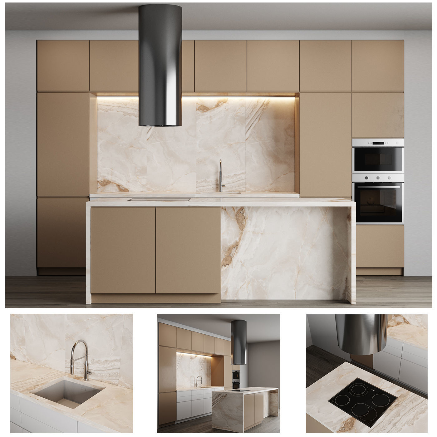 Beige Modern kitchen with an island minimalistic 3D model_0