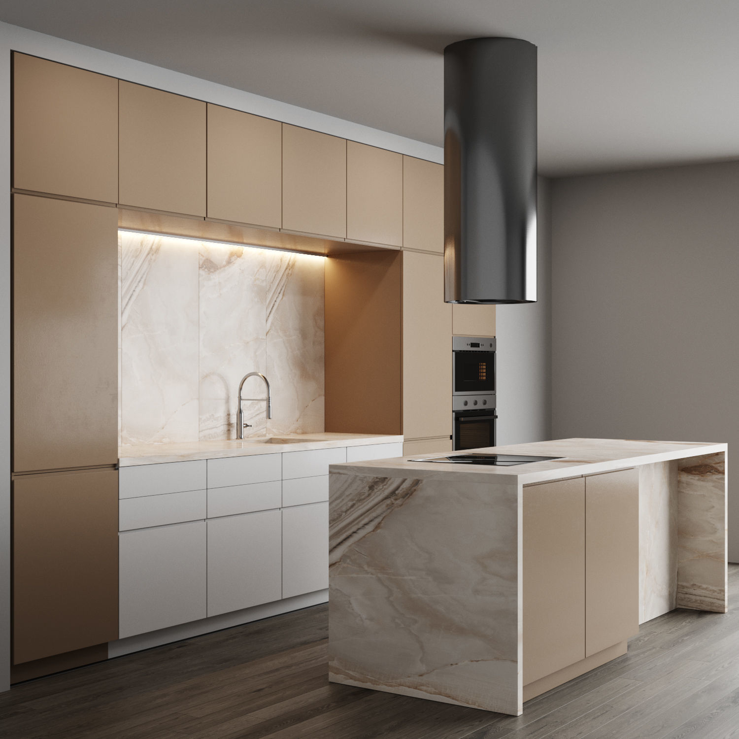 Beige Modern kitchen with an island minimalistic 3D model_1