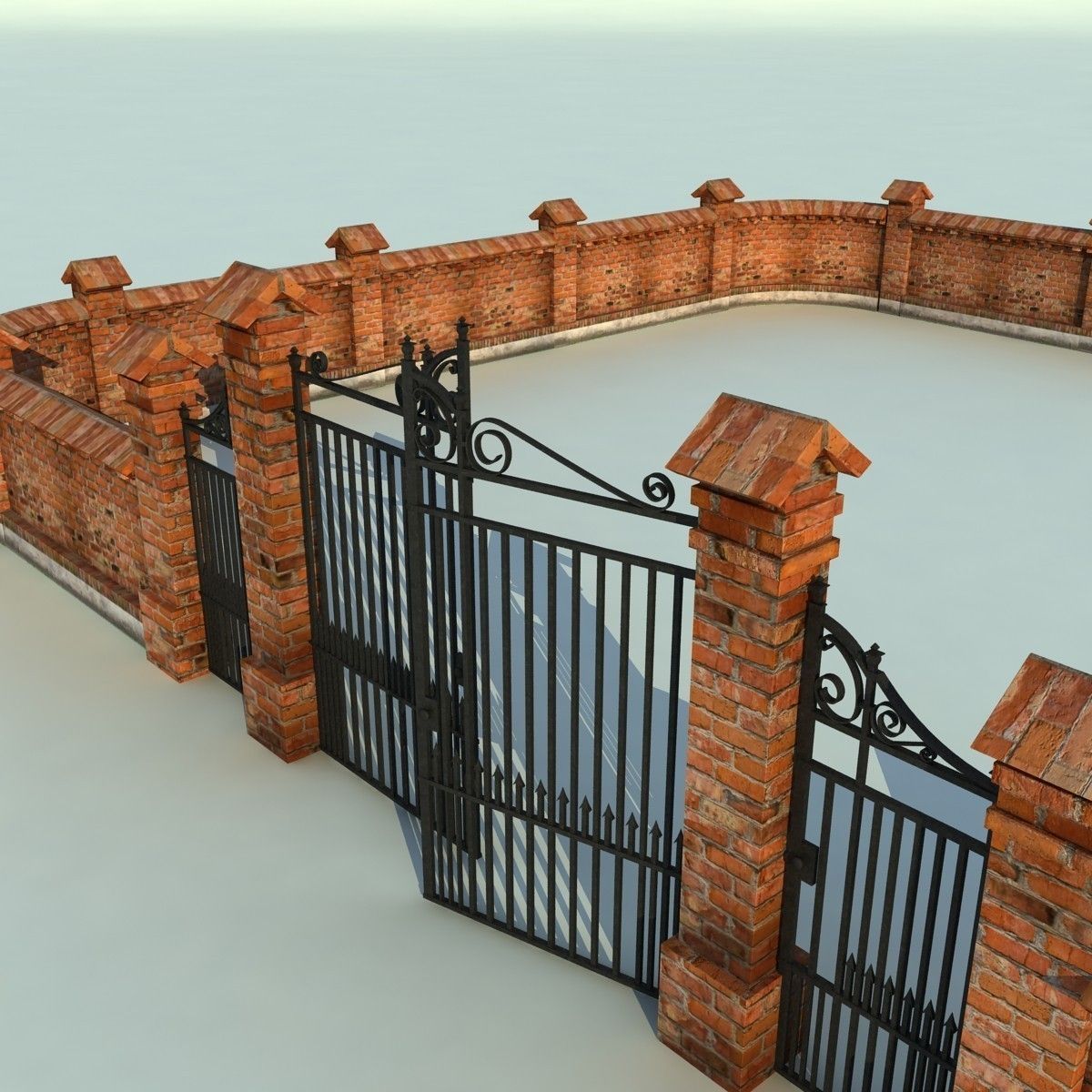 Brick Fence Wall Gate 3D model_5