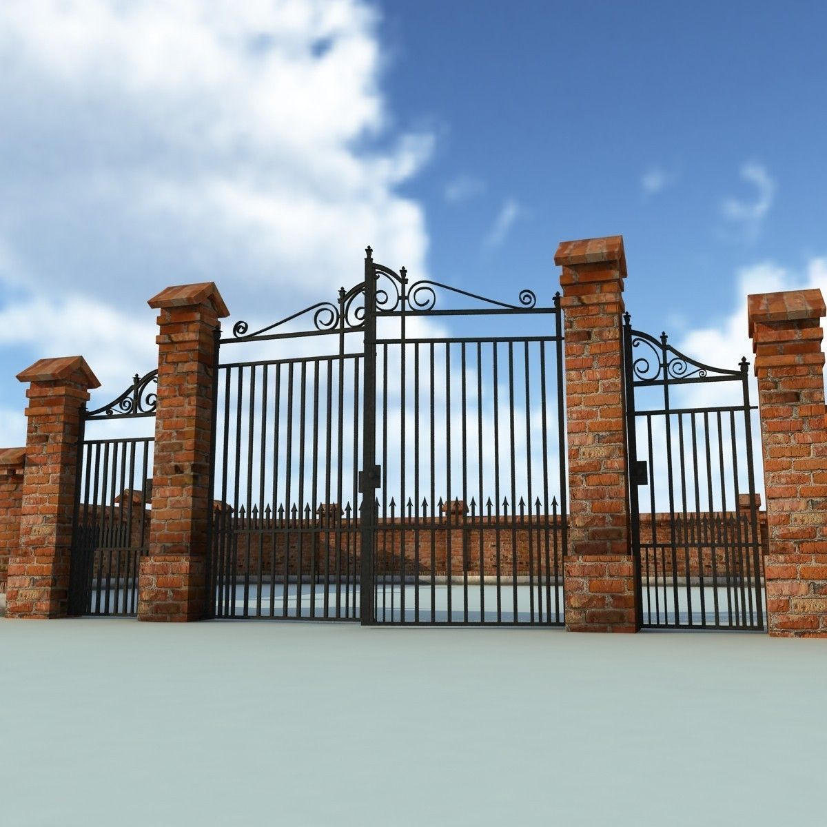 Brick Fence Wall Gate 3D model_4