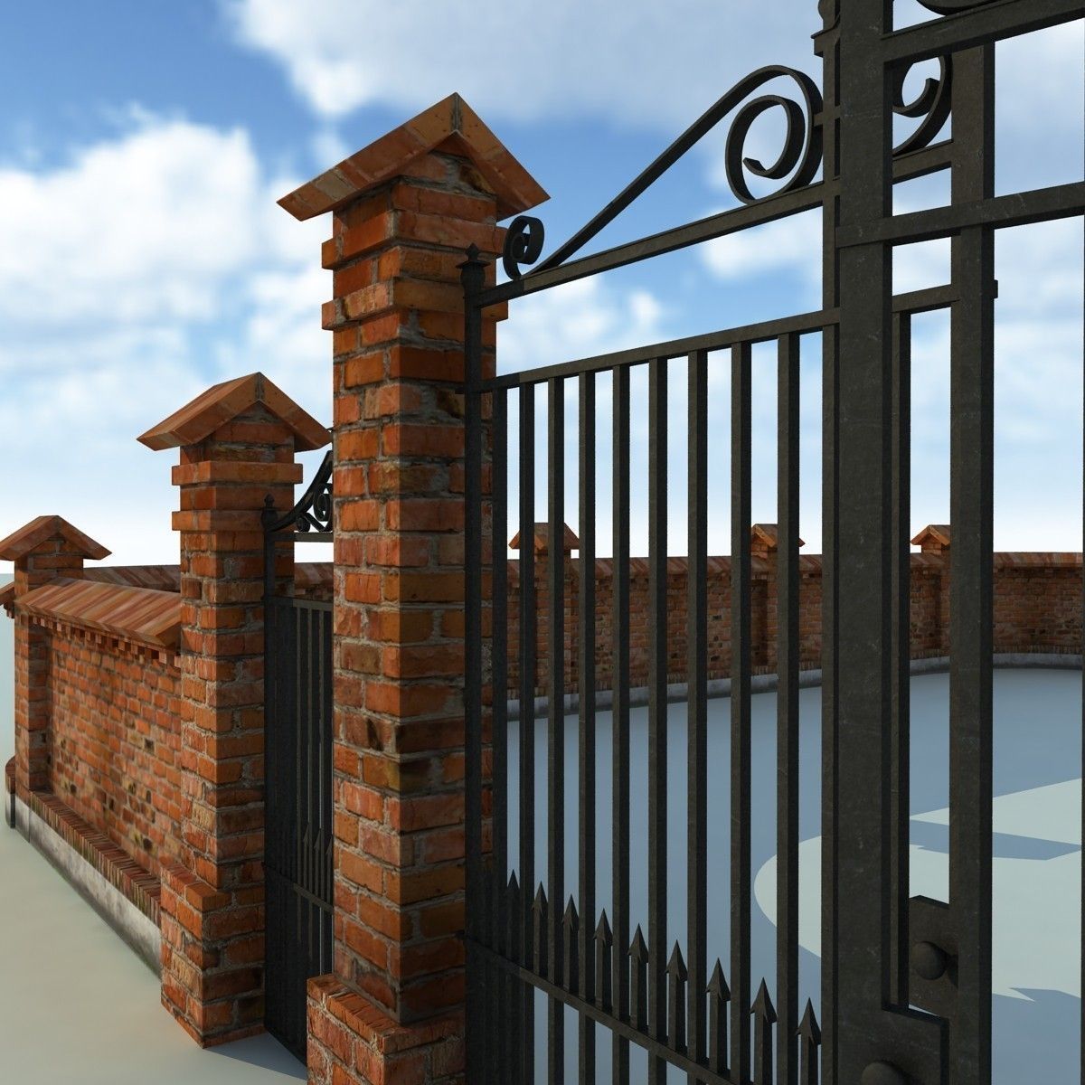 Brick Fence Wall Gate 3D model_2