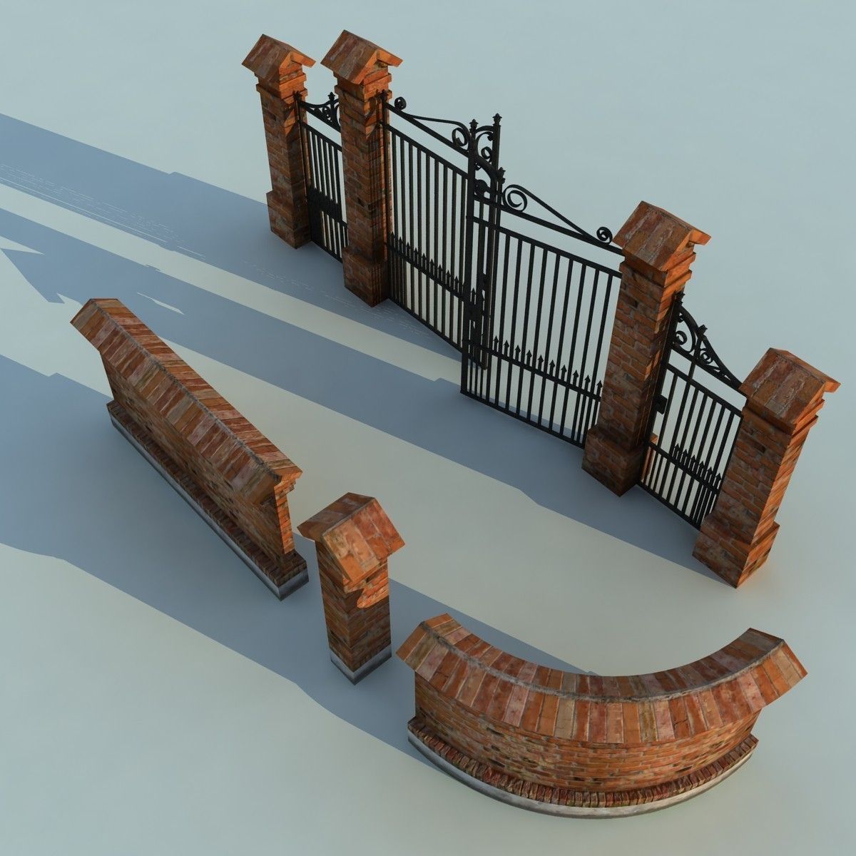 Brick Fence Wall Gate 3D model_12