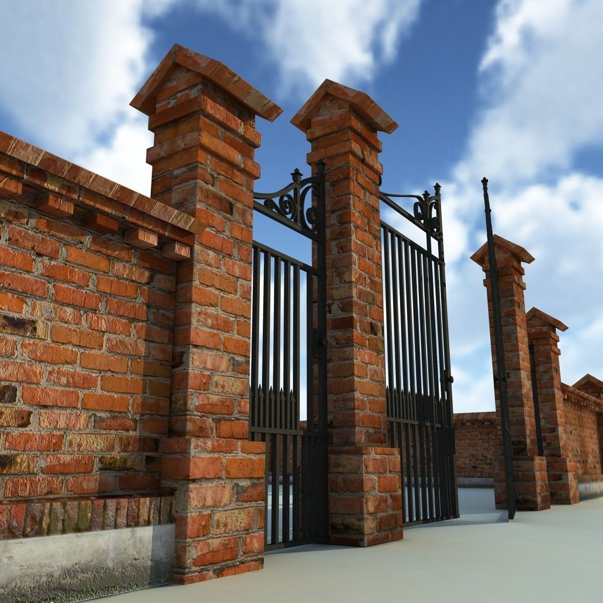 Brick Fence Wall Gate 3D model_1