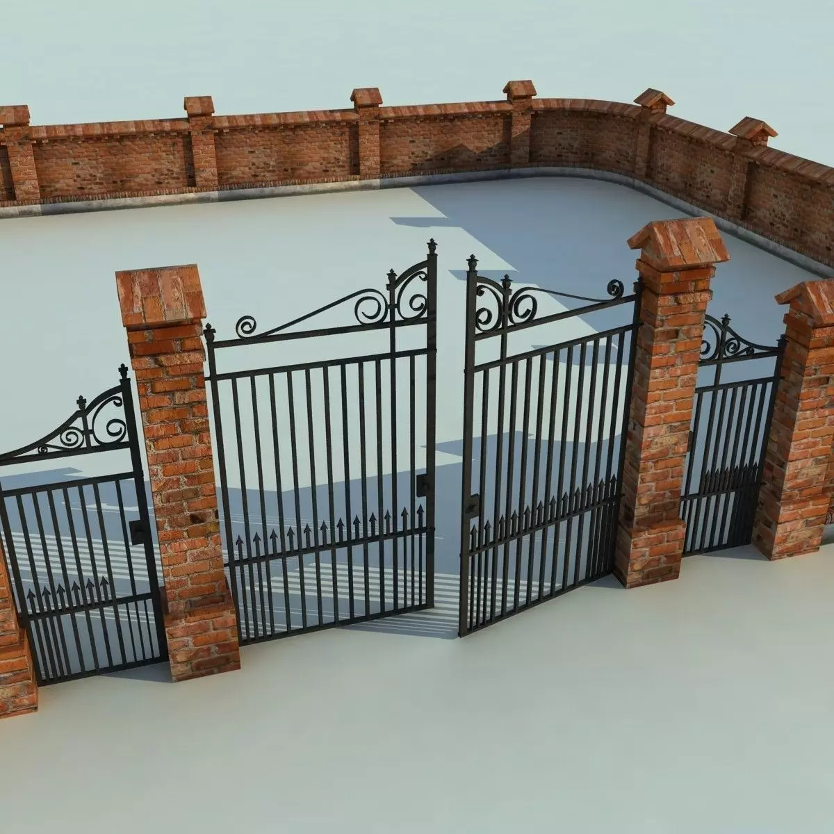 Brick Fence Wall Gate 3D model_0