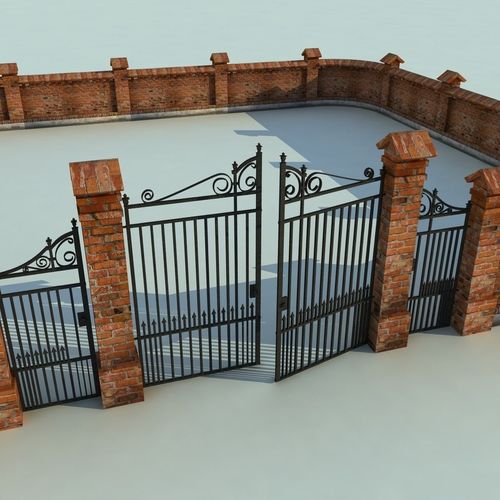 Brick Fence Wall Gate 3D model