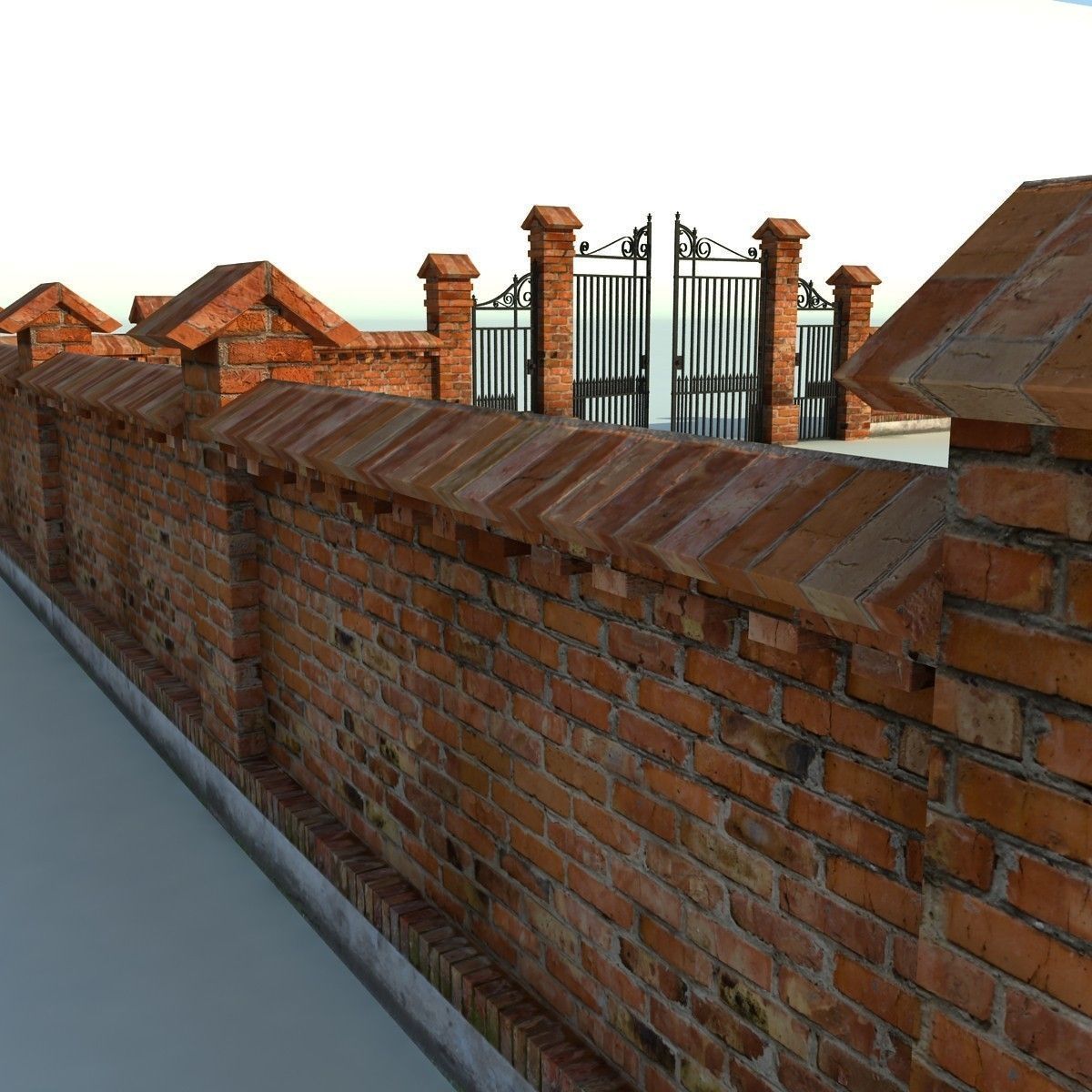 Brick Fence Wall Gate 3D model_9