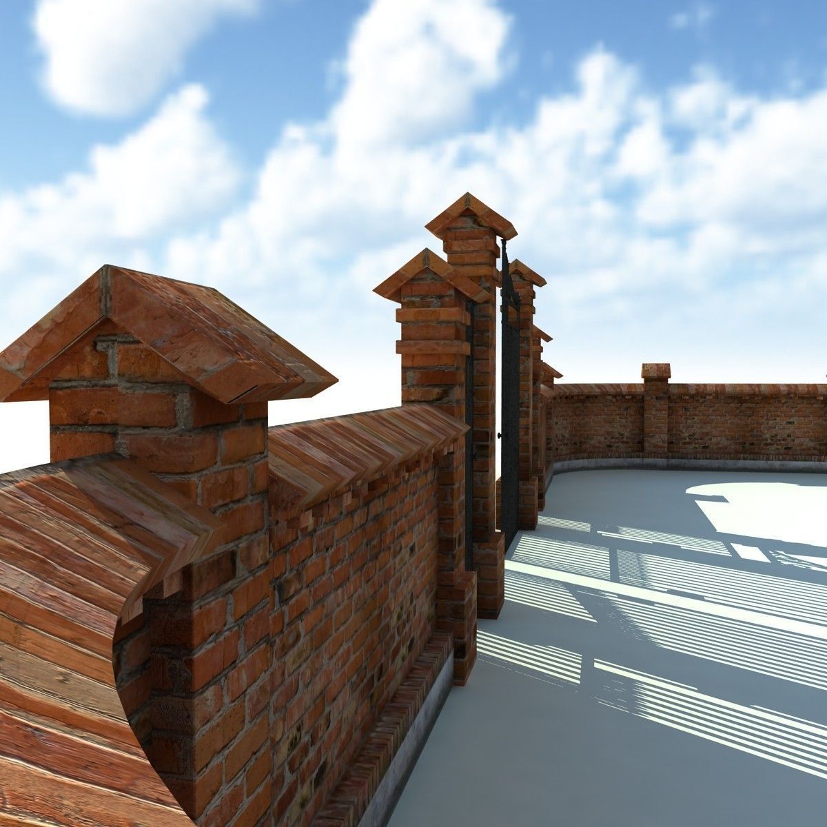 Brick Fence Wall Gate 3D model_6