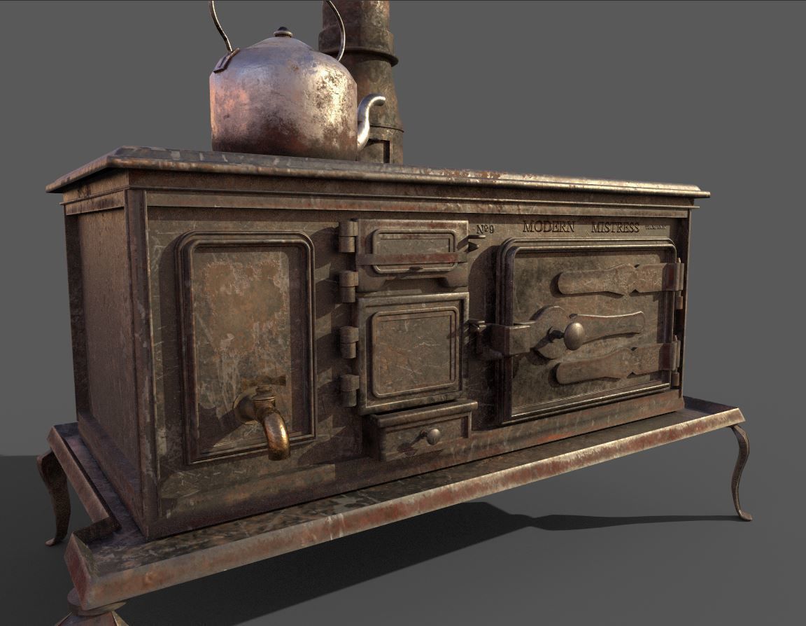 Old Stove With Teapot 3D model_4