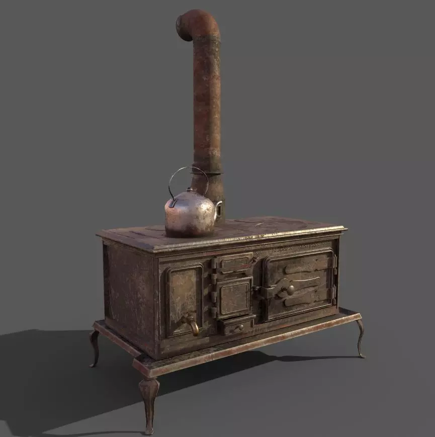 Old Stove With Teapot 3D model_3