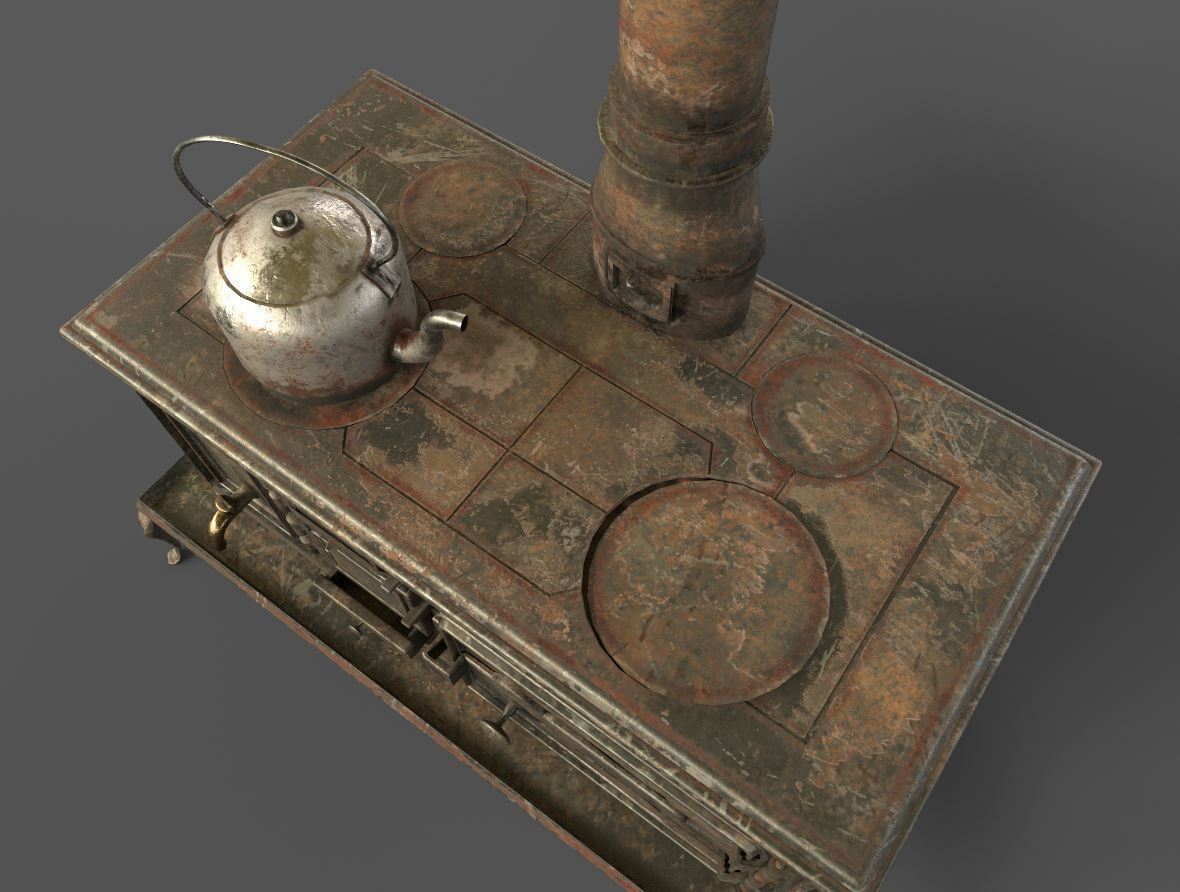 Old Stove With Teapot 3D model_12