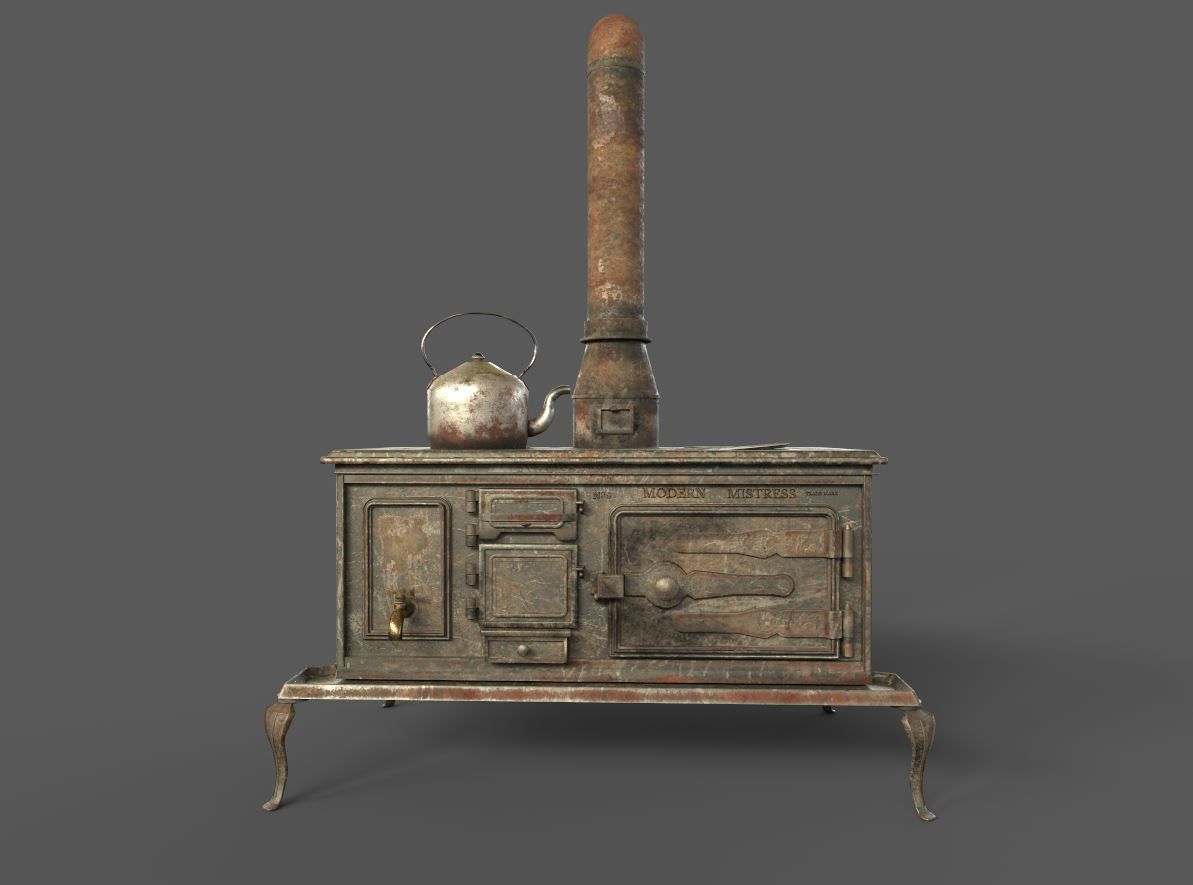Old Stove With Teapot 3D model_5
