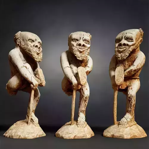 Primitive Statue Wooden Man leaning on stick