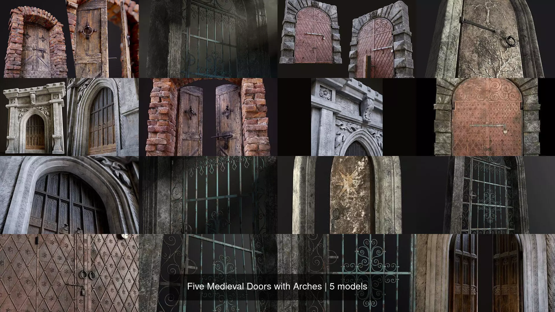Five Medieval Doors with Arches 3D Model Collection_1