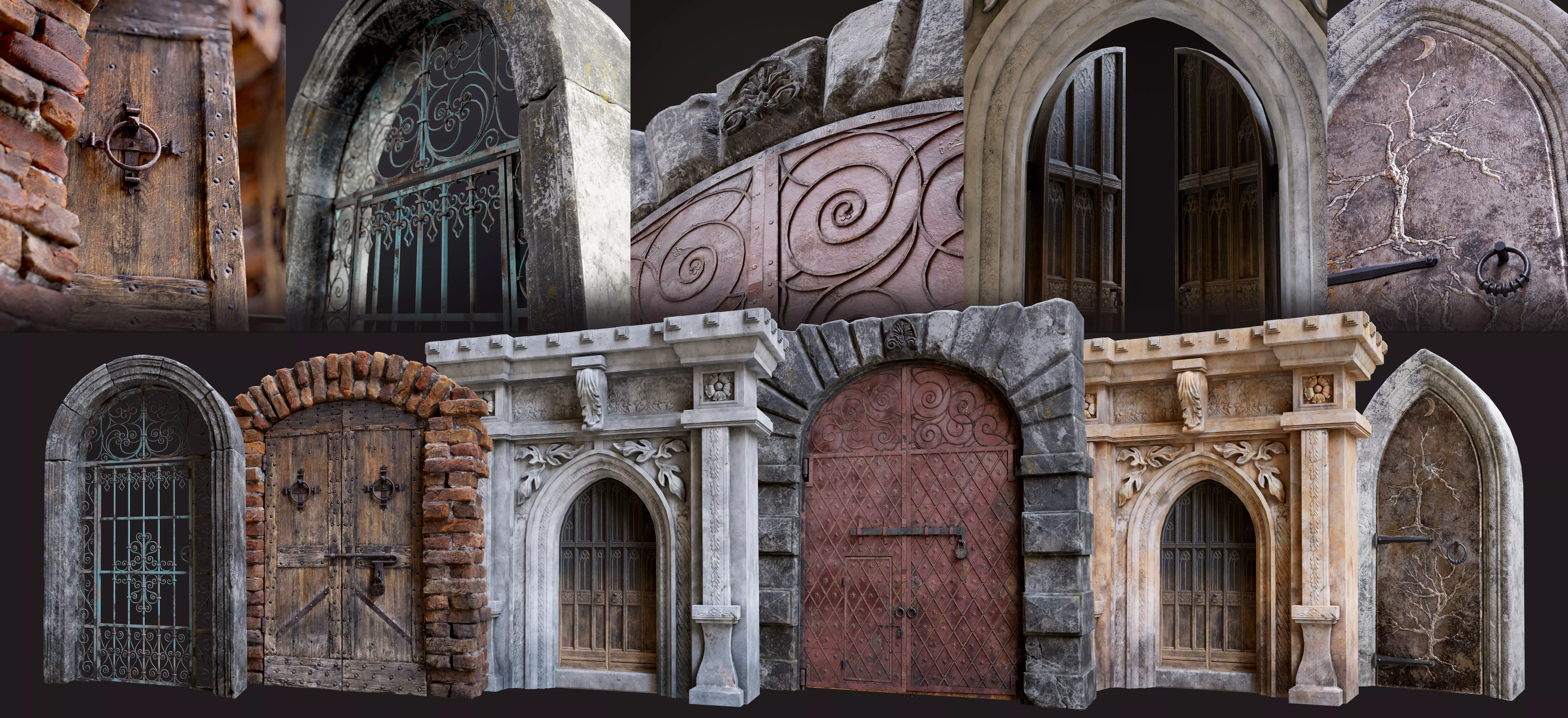 Five Medieval Doors with Arches 3D Model Collection_0